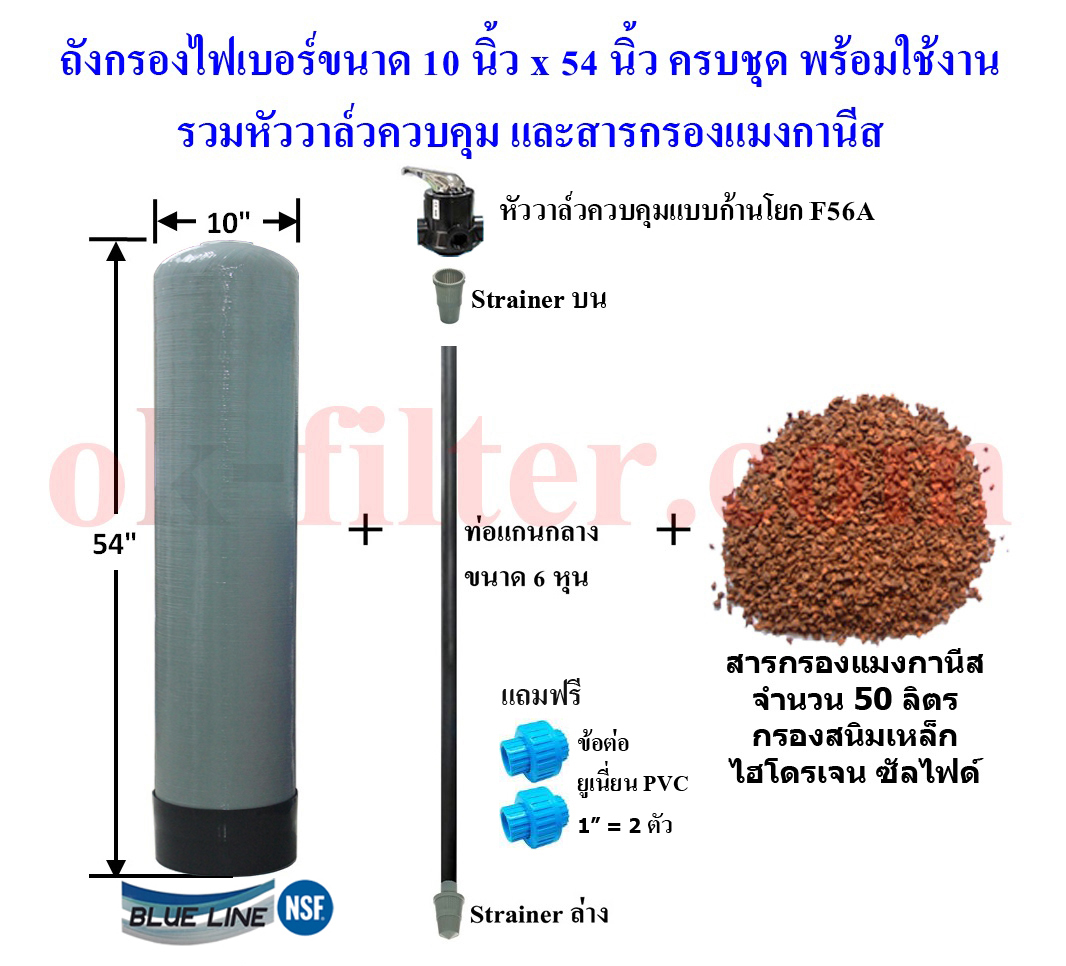 ชุดถังไฟเบอร์ กรองสนิมเหล็ก 10"x54" พร้อมอุปกรณ์ครบชุด (รวมค่าขนส่ง)