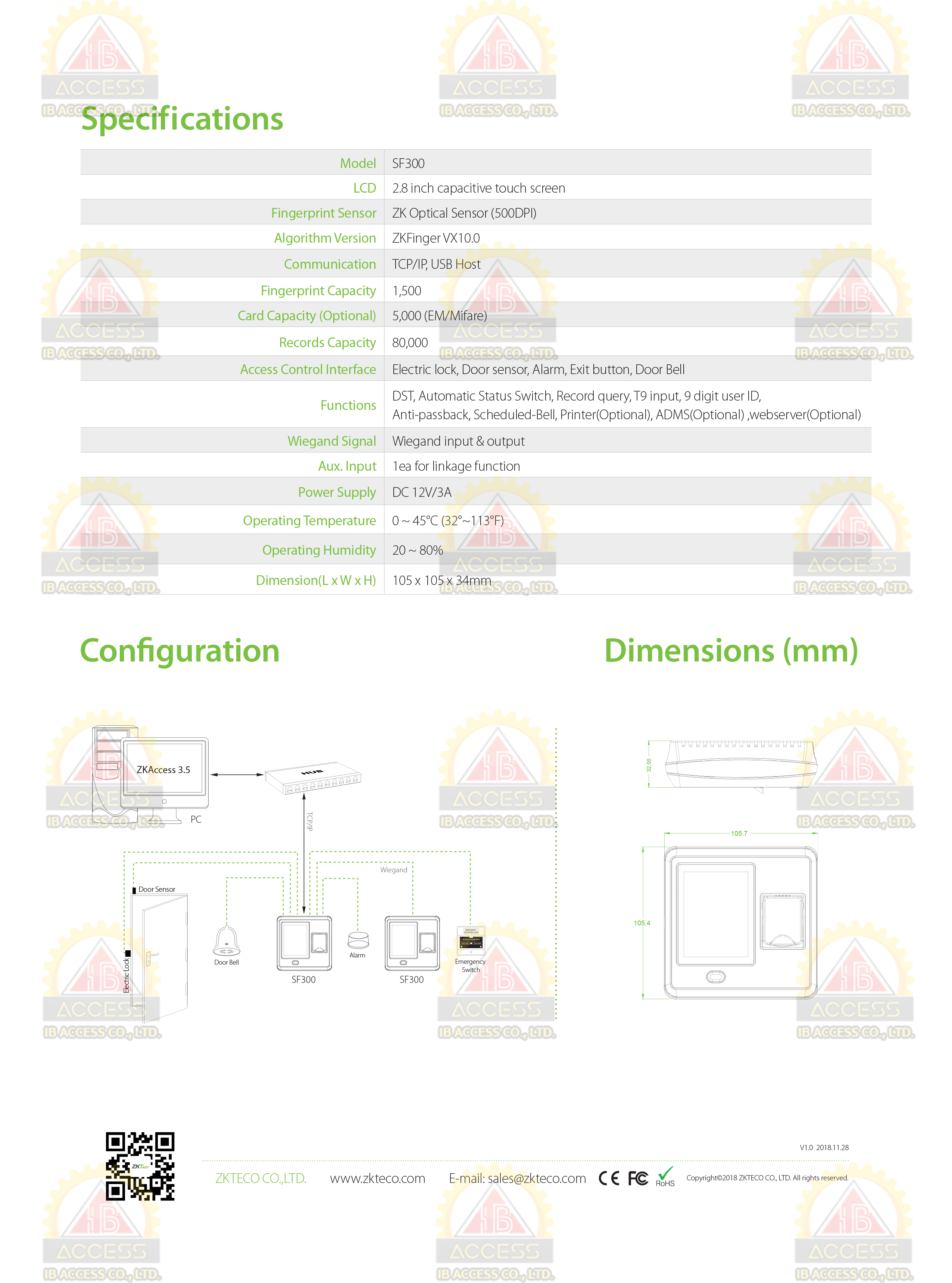 เครื่องสแกนลายนิ้วมือ ยี่ห้อ ZKTeco รุ่น SF300 รองรับระบบ Access Control