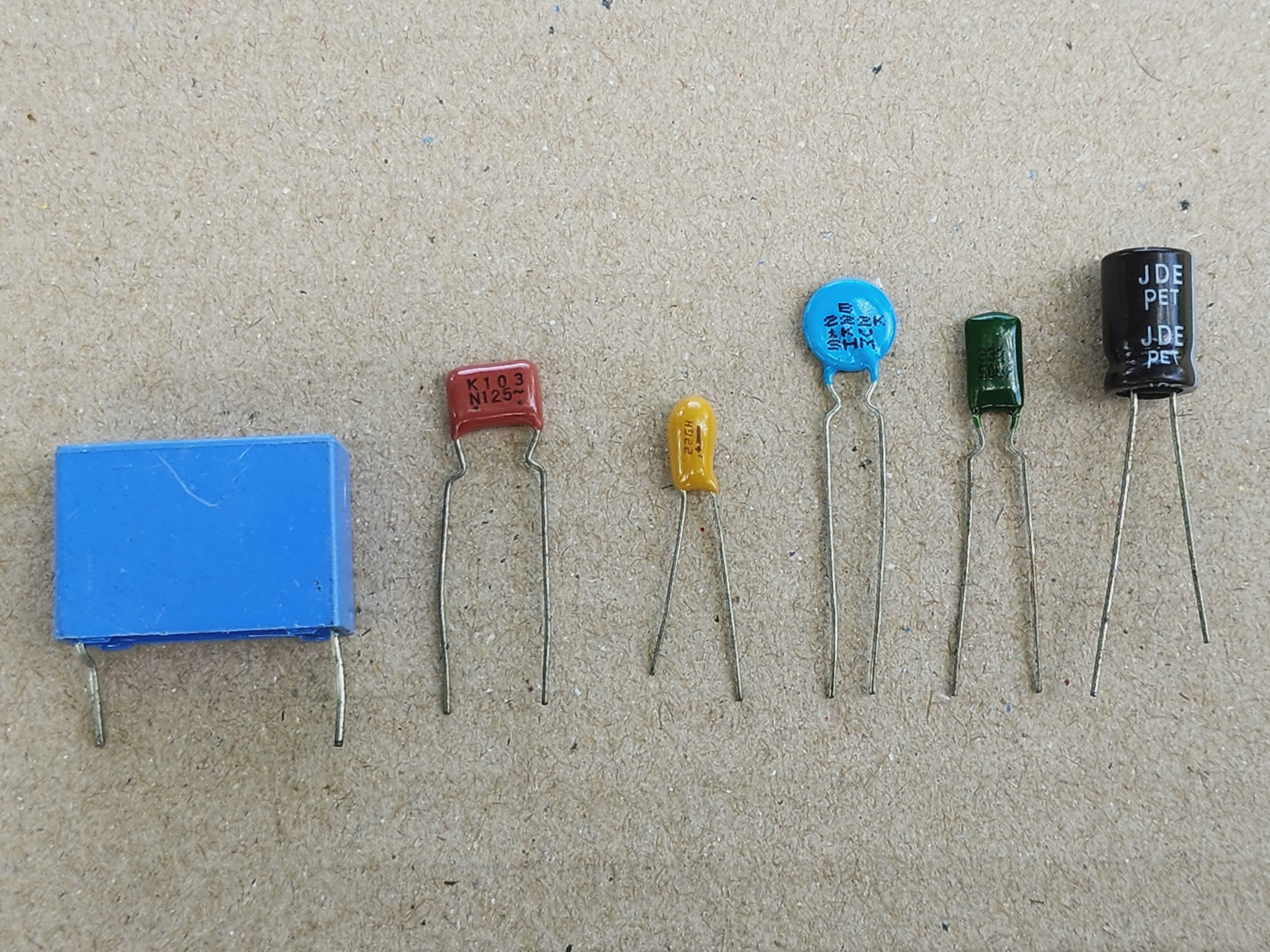 รูปคาปาซิเตอร์ชนิดต่างๆ และ สัญลักษณ์คาปาซิเตอร์มีขั้ว ไม่มีขั้ว และแบบปรับค่าได้