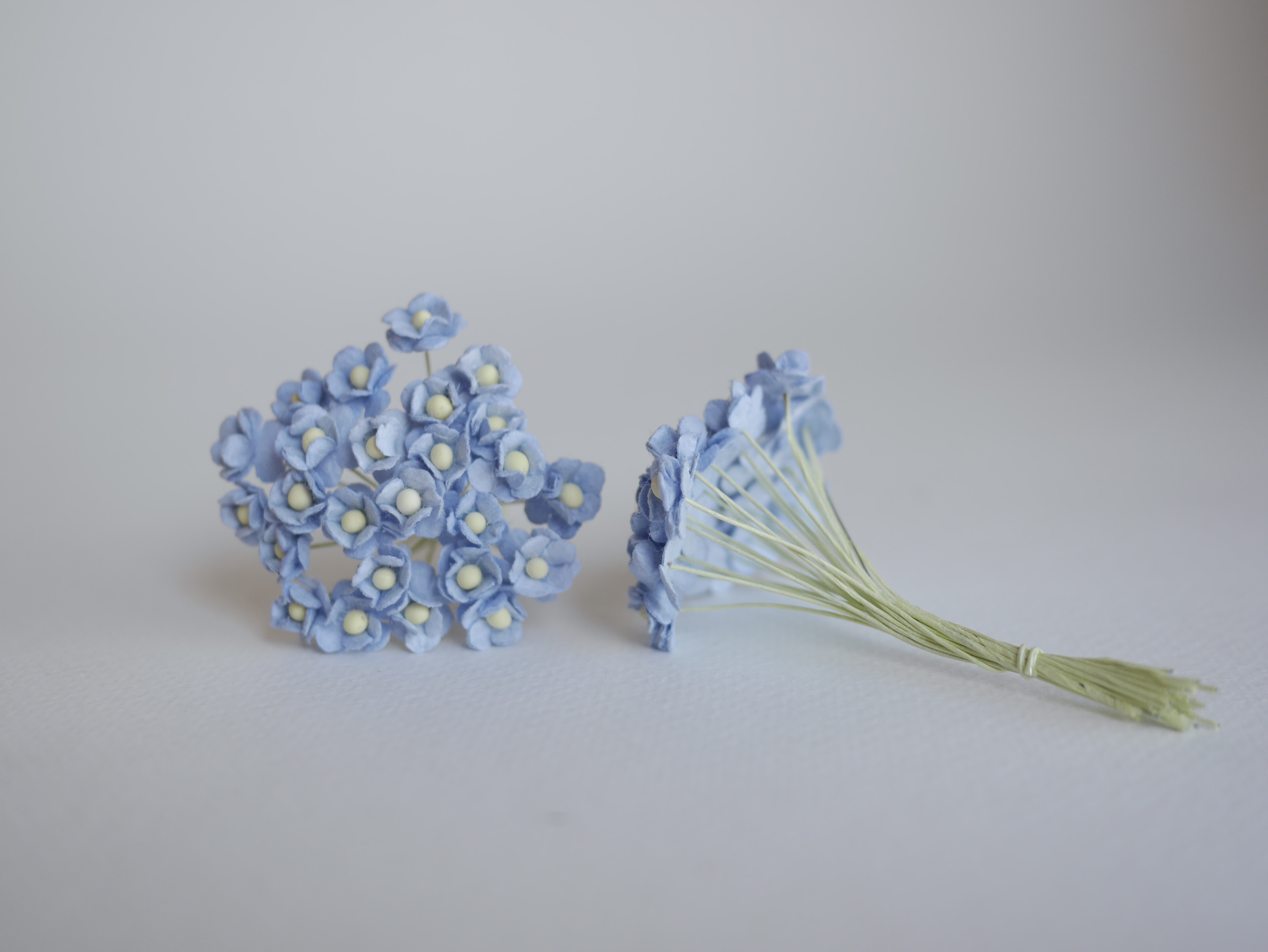 ดอกไม้กระดาษสา ดอกไม้กระดาษสาราคาส่ง ดอกไม้กระดาษสำหรับตกแต่ง งานแต่งงาน หรือติดของชำร่วย ดอก creeping lady 100 ดอก ขนาด 0.8 cm. สีฟ้าตุ่น Small Paper Flower with stem, , 100 pcs., size 0.8 cm., creeping flowers 2 layers, pale blue sky color.
