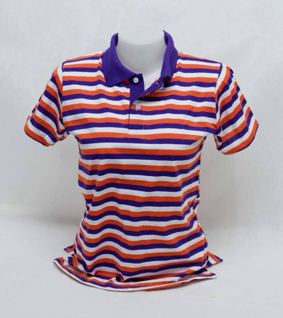 เสื้อโปโลลายทาง สีม่วง ส้ม ขาว ปกสีม่วง ซัมเมอร์โปโล ผ้าคอตตอน100%