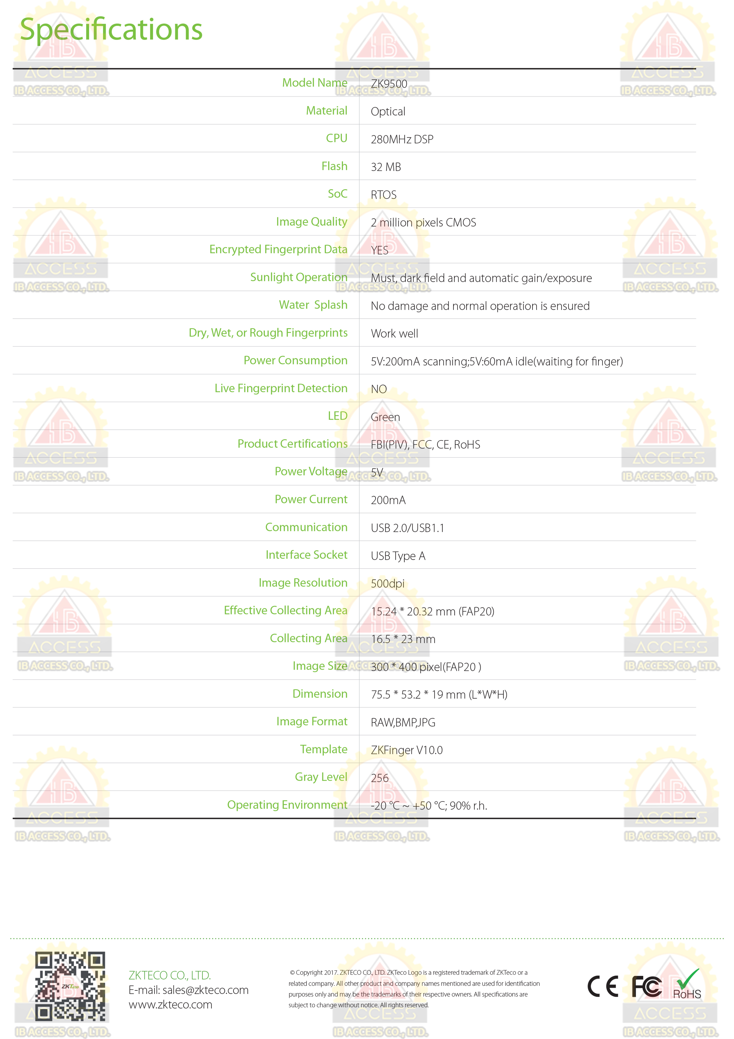 หัวอ่านลายนิ้วมือ ยี่ห้อ ZK Teco รุ่น ZK9500 สำหรับบันทึกลายนิ้วมือที่คอมพิวเตอร์