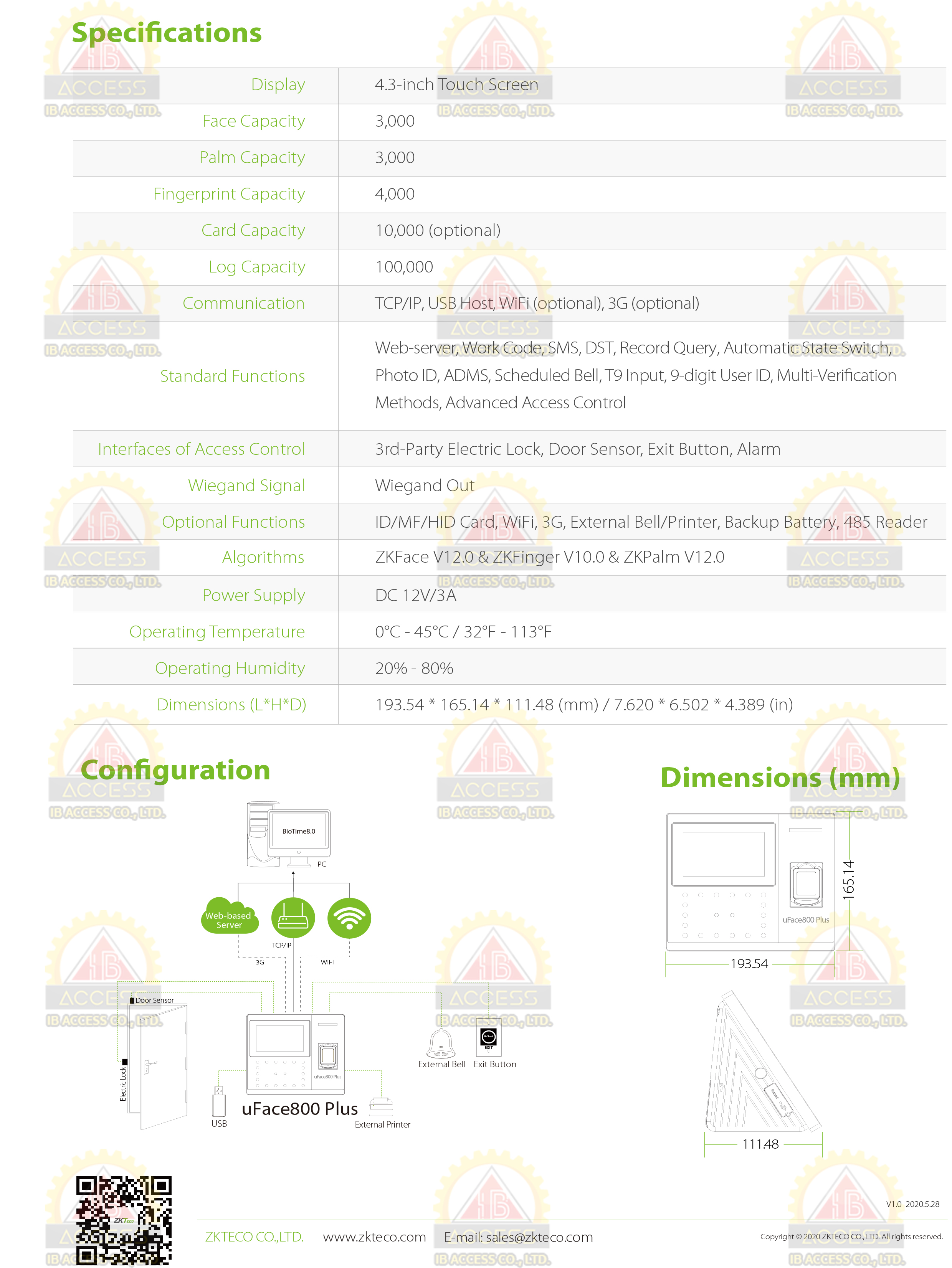 เครื่องสแกนใบหน้า ยี่ห้อ ZKTeco รุ่น uface800 รองรับระบบ Access Control
