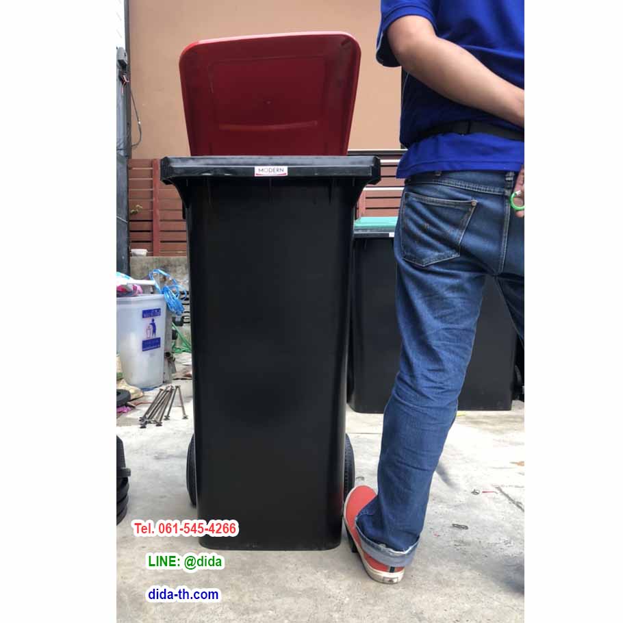 ถังขยะเท้าเหยียบ ถังขยะสีดำ ฝาสี พร้อมล้อเข็น 120 ลิตร ฝาเรียบ