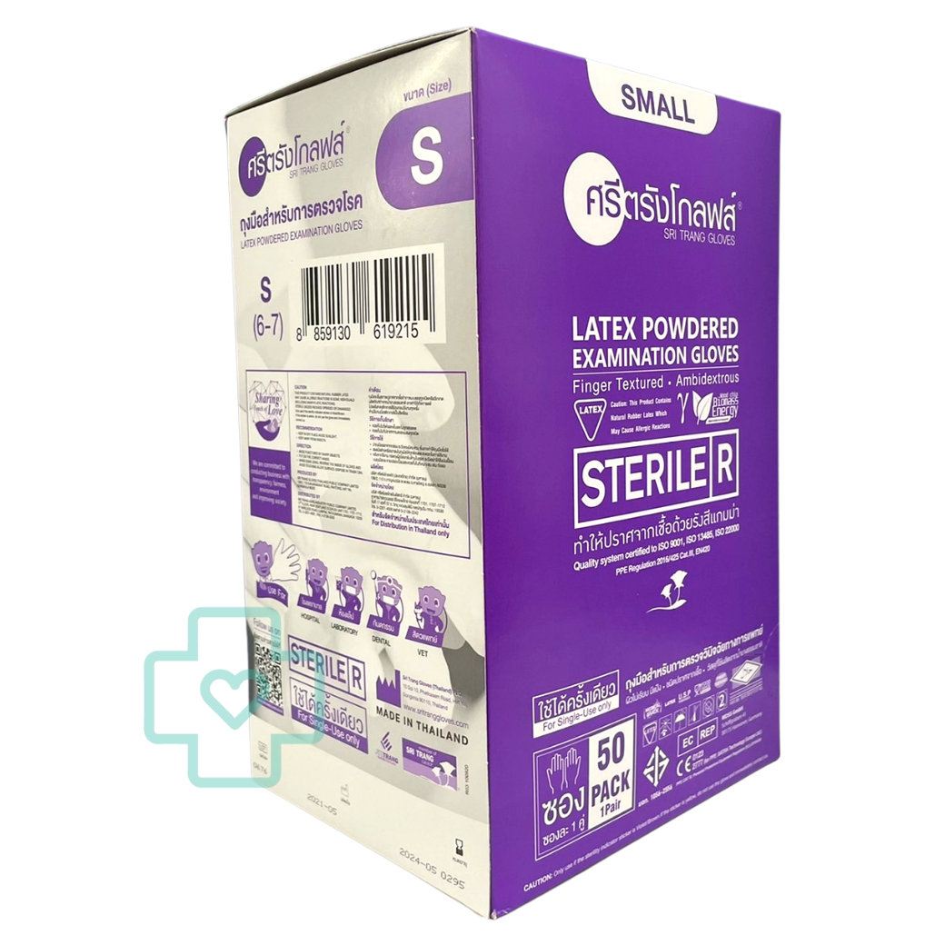 ถุงมือยางศรีตรัง Sterile บรรจุ50คู่ (มีแป้ง) Size "S"
