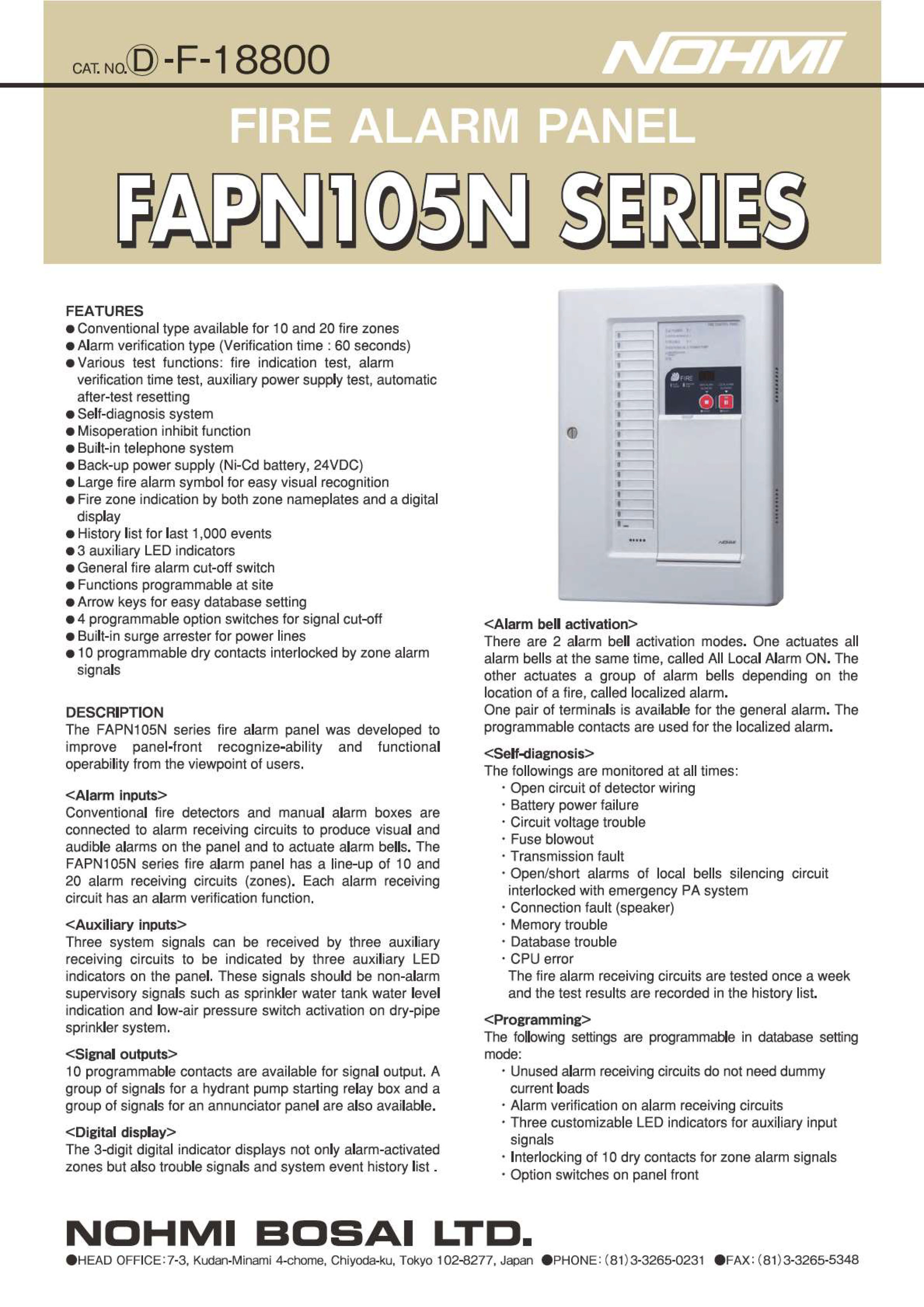 "NOHMI" Model FAPN105N-R-20L Fire Alarm Control Panel ,Wall Type