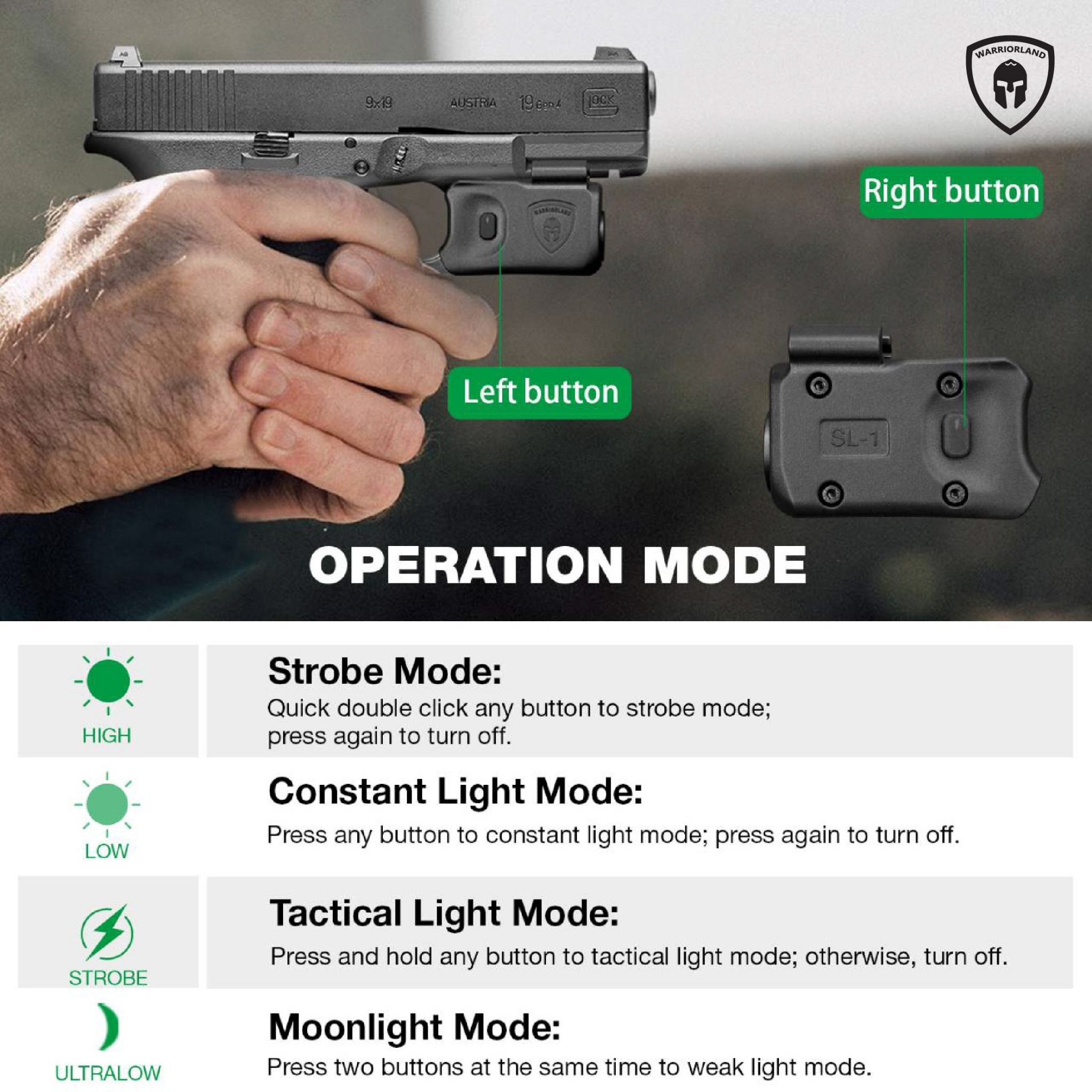ไฟฉาย Warriorland SL-1 + ซองพกใน Kydex Glock 17/19/21/22 (Gen 3-5) & Glock 23/32 (Gen 4) (K2460)