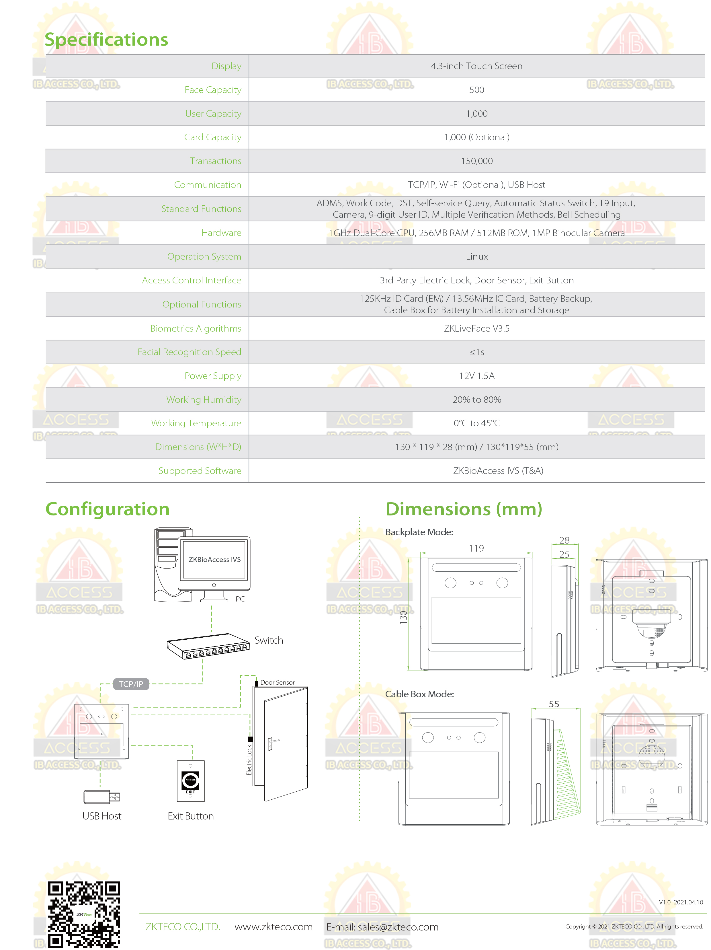 เครื่องสแกนใบหน้า ยี่ห้อ ZKTeco รุ่น EFace10