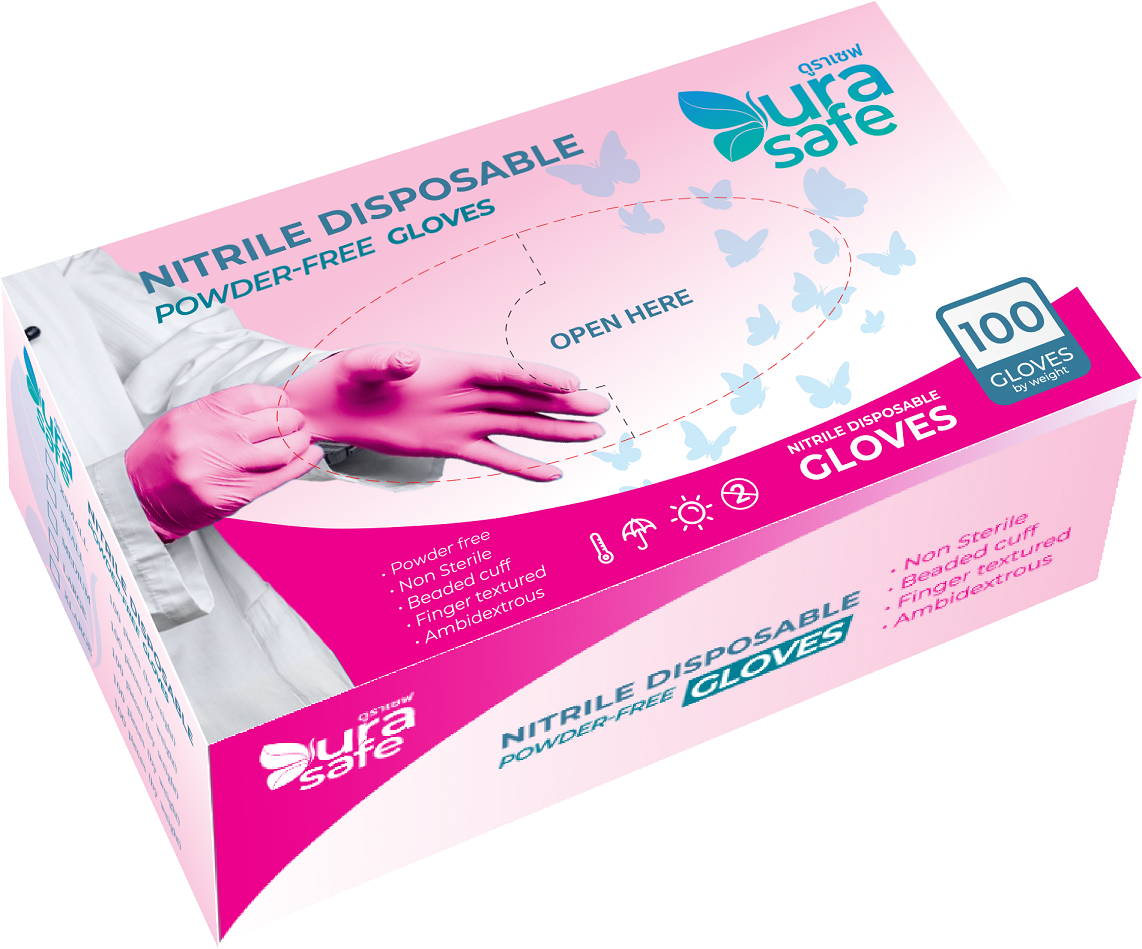 [ยกลัง 10 กล่อง] PNK38 ถุงมือไนไตร สีชมพูพาสเทล รุ่นบางกระชับ ยาว 9 นิ้ว หนา 3 มิล หนัก 3.8 กรัม (100ชิ้น/กล่อง)