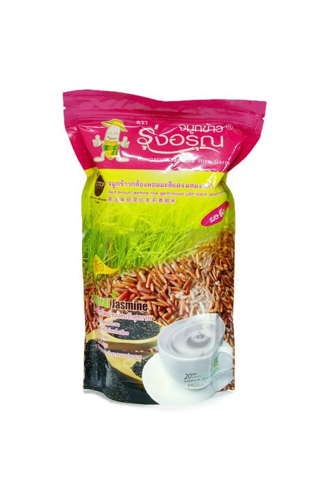 [รุ่งอรุณ] จมูกข้าวกล้องหอมมะลิแดง ผสมงาดำ (ซองชมพู) 200g."เจ"