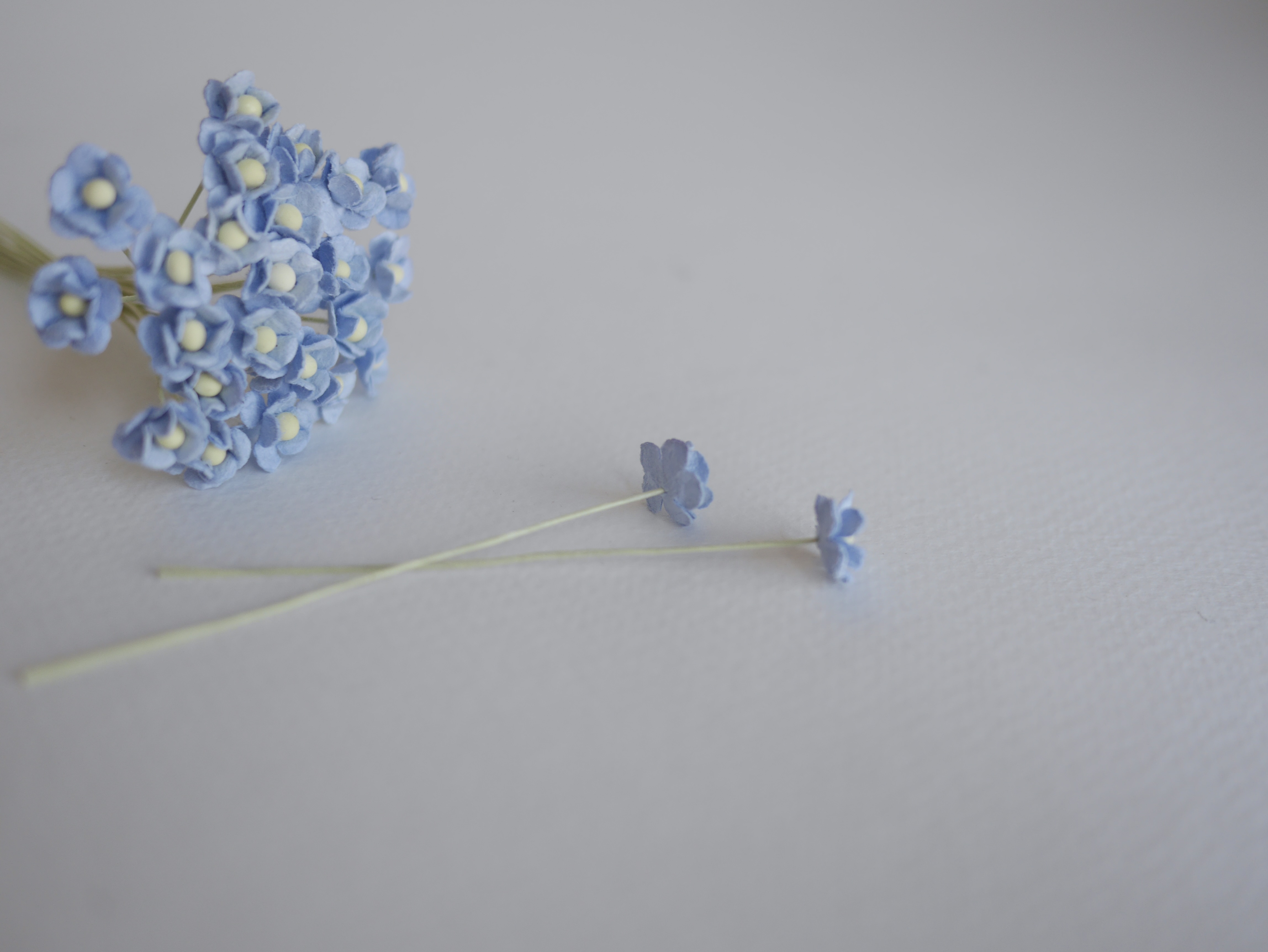 ดอกไม้กระดาษสา ดอกไม้กระดาษสาราคาส่ง ดอกไม้กระดาษสำหรับตกแต่ง งานแต่งงาน หรือติดของชำร่วย ดอก creeping lady 100 ดอก ขนาด 0.8 cm. สีฟ้าตุ่น Small Paper Flower with stem, , 100 pcs., size 0.8 cm., creeping flowers 2 layers, pale blue sky color.