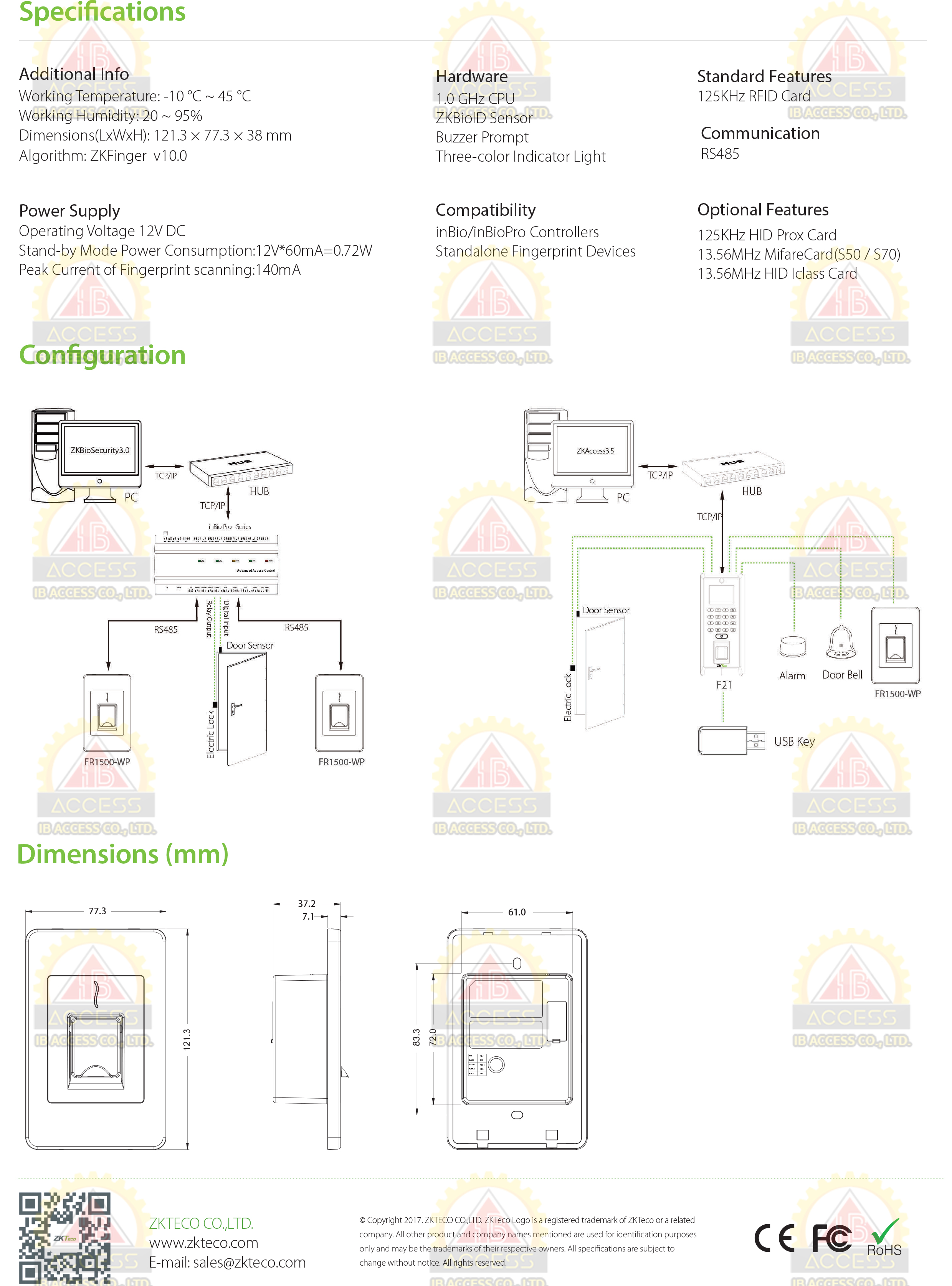 หัวอ่านลายนิ้วมือ ยี่ห้อ ZKTeco รุ่น FR1500/ID สำหรับระบบ Access Control