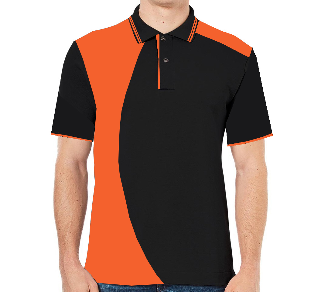 เสื้อโปโลสีดำ แต่งแบบด้วยสีส้ม แขนเบิ้ล สวยใส่สบาย
