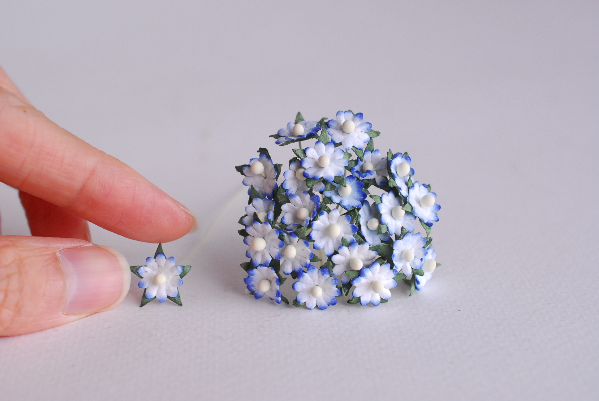 ดอกไม้กระดาษสา ดอกไม้กระดาษสาราคาส่ง ดอกไม้กระดาษสำหรับตกแต่ง งานแต่งงาน หรือติดของชำร่วย ดอกเดซี่ 100 ดอก ขนาด 0.8 cm. สีน้ำเงินปัดขาว Small Paper Flower with stem, 100 pcs., size 0.8 cm., daisy flowers 2 layers, blue brush white color.