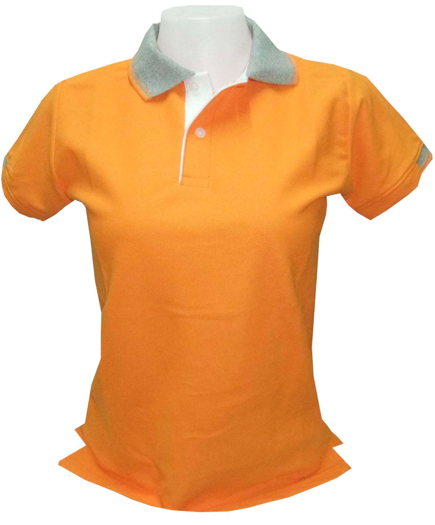 เสื้อโปโลหญิงสีส้ม ปกสีเท่าลายขลิบสีส้ม แขนจั๊มครึ่งเดียว