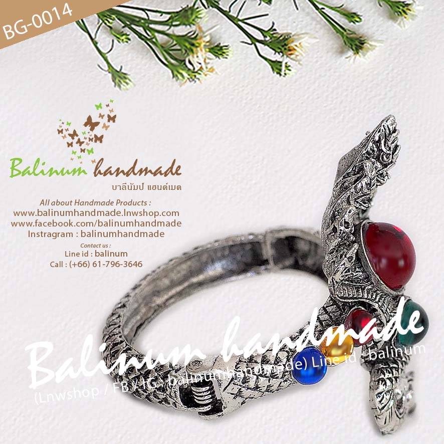 กำไลเงินรูปพญานาค 7 เศียร งานลงยาแฮนด์เมด สวมใส่ง่าย เพราะเป็นแบบง้าง เงิน (Silver)
