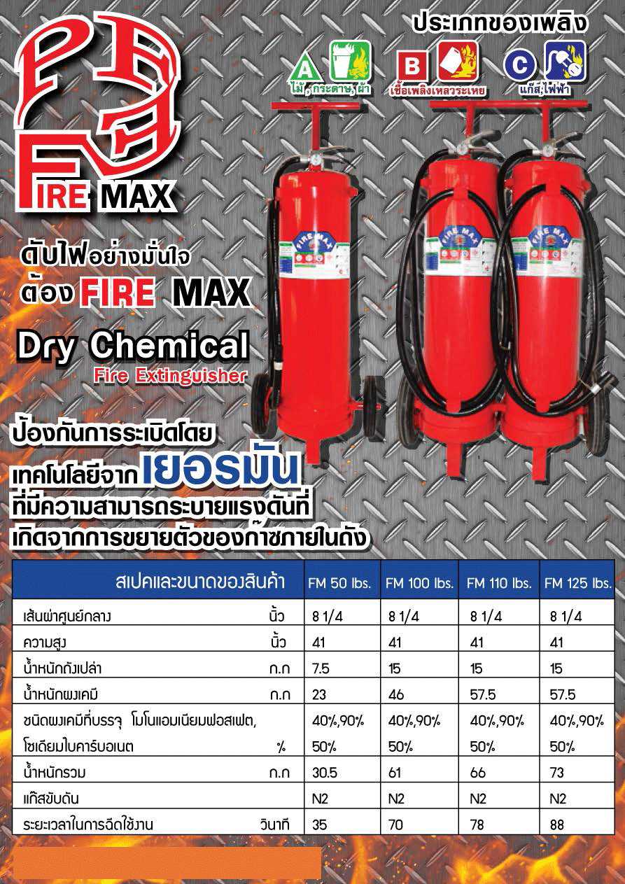 ถังดับเพลิงชนิดผงเคมีแห้ง ขนาด 50ป. แบบล้อเข็น ยี่ห้อ FIRE MAX สามารถดับไฟได้ทุกประเภท