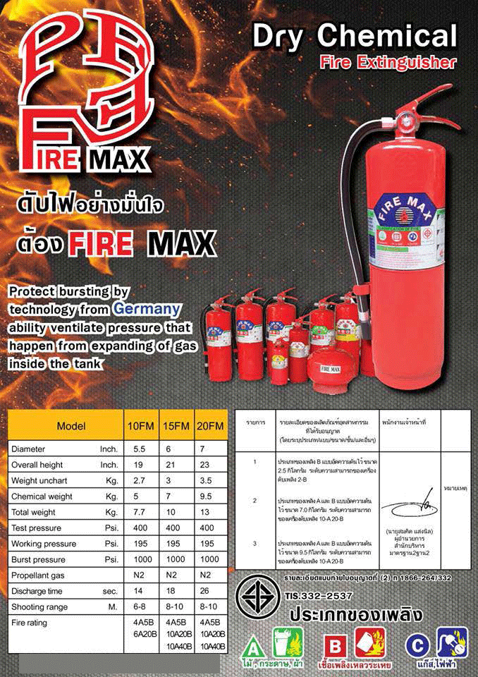 ถังดับเพลิงชนิดผงเคมีแห้ง ขนาด 20 ปอนด์ ยี่ห้อ FIRE MAX สามารถดับไฟได้ทุกประเภท มาตฐาน มอก.332/2537