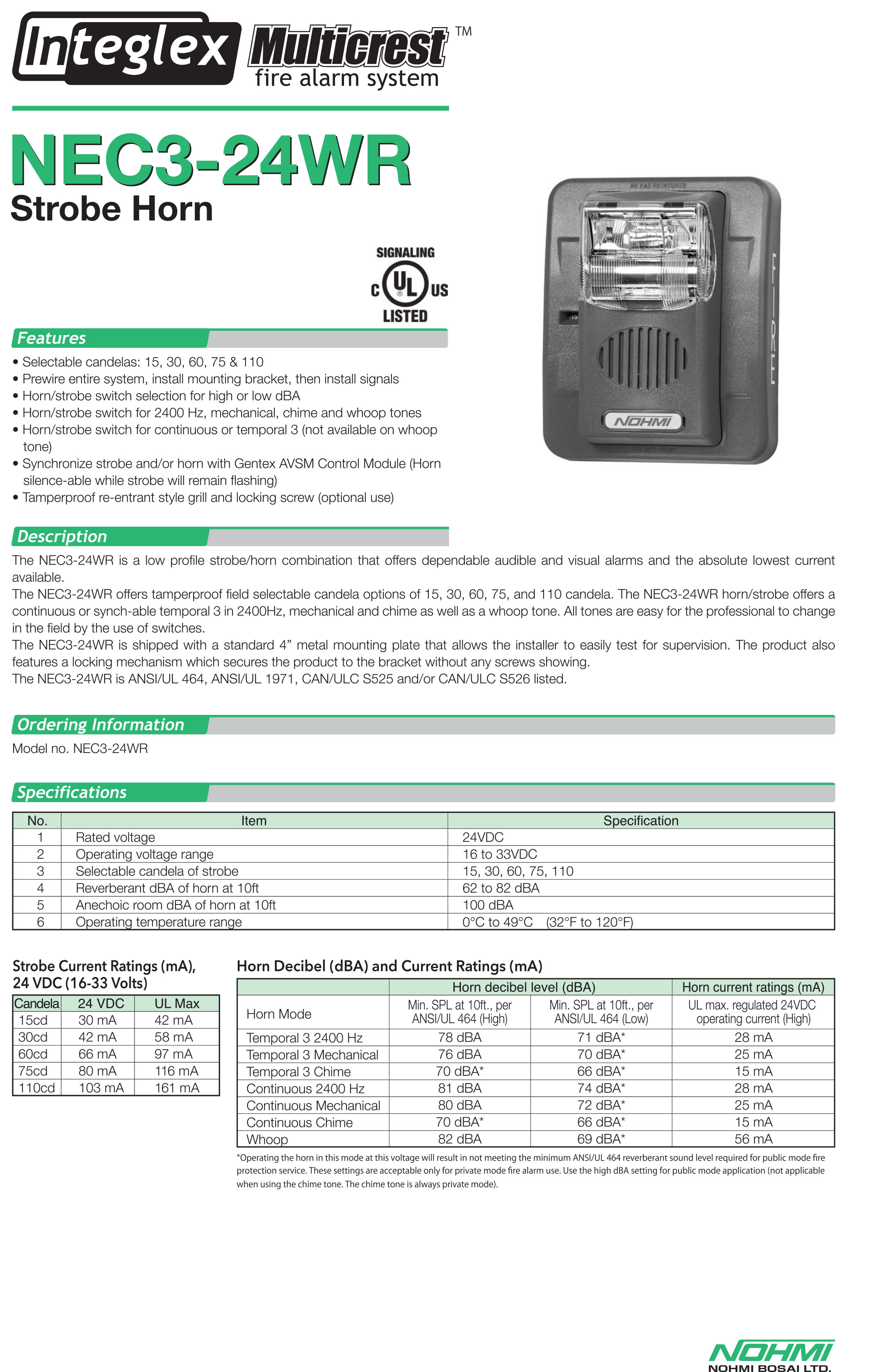 "NOHMI" Model NEC3-24WR Notification Appliances and Lamps สำเนา