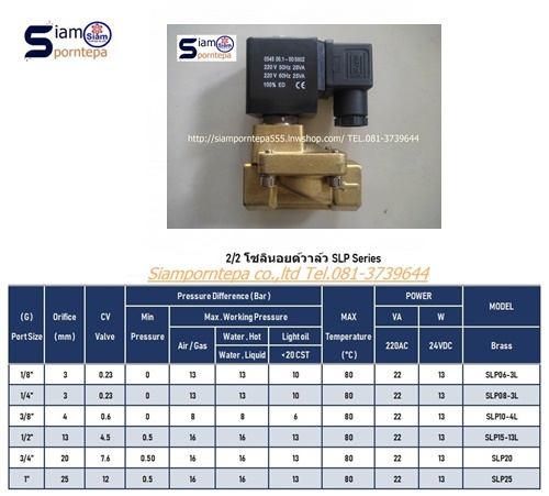 SLP-15-Serie Solenoid valve 2/2 size 1/2" ทองเหลือง แรงดันสูง 16 บาร์ ไฟ 12v 24v 110v 220v ใช้กับ ลม น้ำ น้ำมัน แก๊ส ส่งฟรีทั่วประเทศ