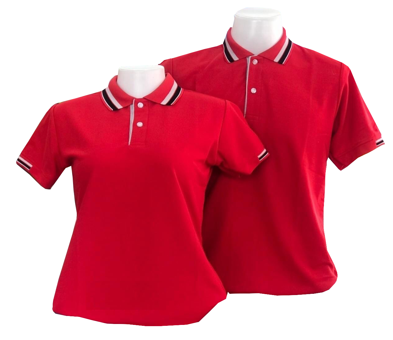 เสื้อโปโลสีแดง ปก แขน ทอลายสีดำ สีขาว