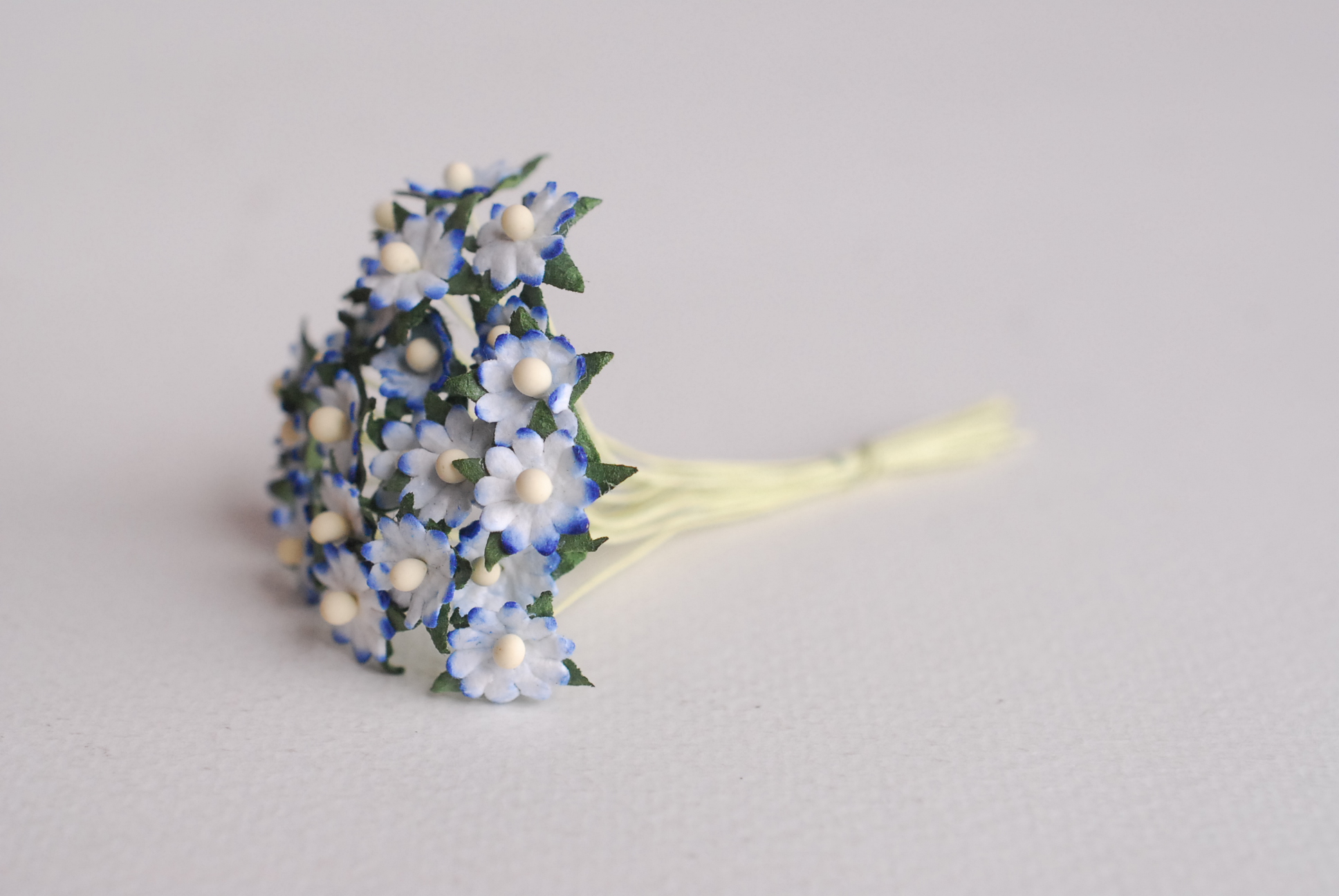 ดอกไม้กระดาษสา ดอกไม้กระดาษสาราคาส่ง ดอกไม้กระดาษสำหรับตกแต่ง งานแต่งงาน หรือติดของชำร่วย ดอกเดซี่ 100 ดอก ขนาด 0.8 cm. สีน้ำเงินปัดขาว Small Paper Flower with stem, 100 pcs., size 0.8 cm., daisy flowers 2 layers, blue brush white color.