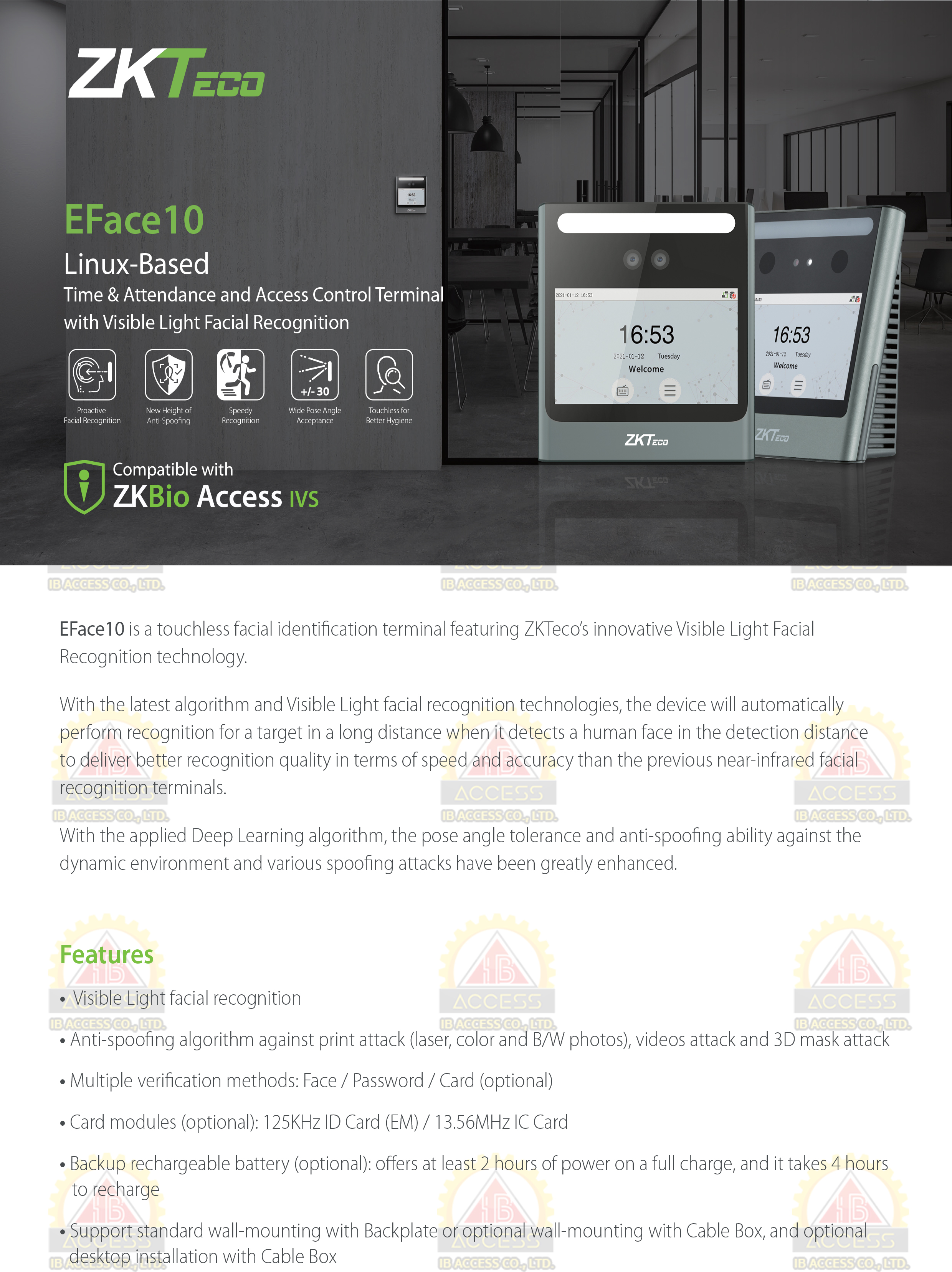 เครื่องสแกนใบหน้า ยี่ห้อ ZKTeco รุ่น EFace10