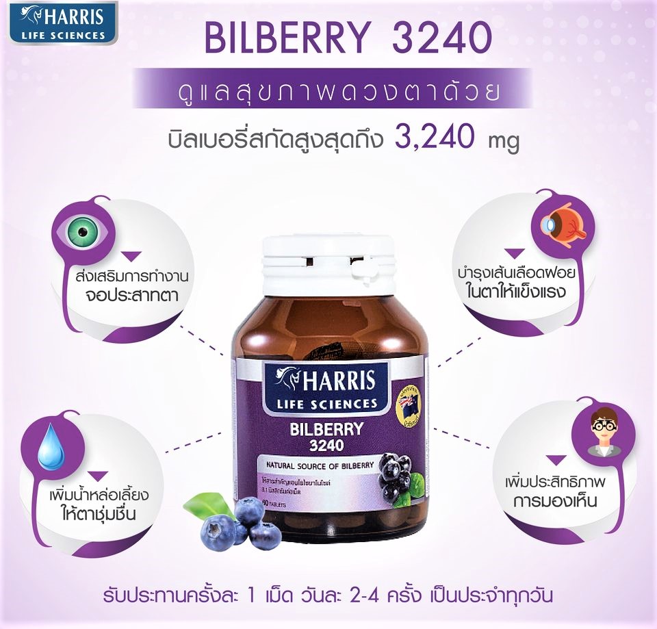[[📍เมื่อสั่งซื้อสินค้า MAXXLIFE 2ชิ้นขึ้นไป มีของเเถมพิเศษ📍]] HARRIS BILBERRY 3240MG. 60TABS (MAXXLIFE) ดูแลสุขภาพดวงตา ด้วยบิลเบอร์รี่เข็มข้น 3240 มิลลิกรัม
