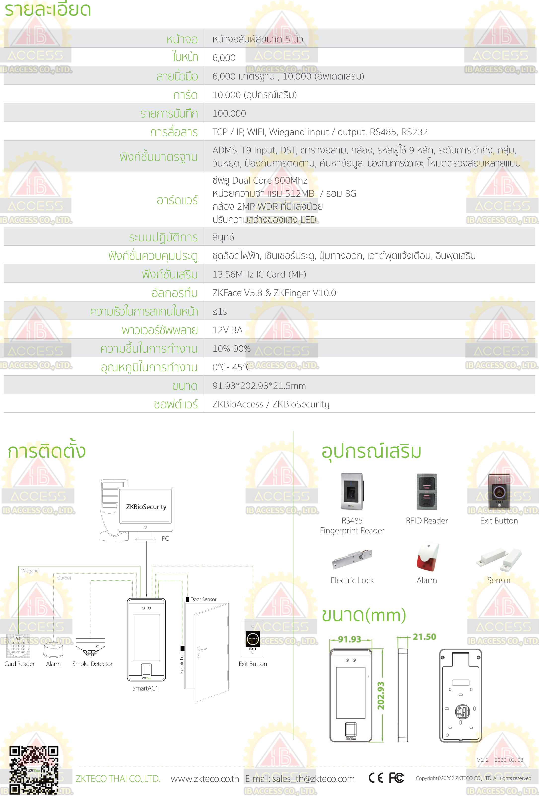 เครื่องสแกนใบหน้า ยี่ห้อ ZKTeco รุ่น SmartAC1 รองรับระบบ Access Control