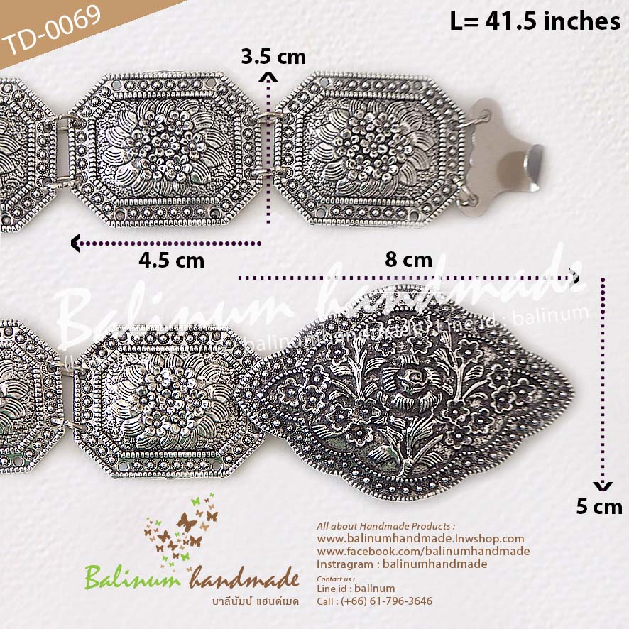 Thai Traditional Silver Belt Chain Vintage Bohemian Antique เข็มขัดเงิน สไตล์วินเทจโบฮีเมียนแอนทีค สวมใส่ง่าย จะใส่แมทซ์กับผ้าซิ่น ผ้าไทย ชุดเมือง ชุดล้านนา หรือกับกระโปรง และกางเกงยีนส์ ก็ดูเก๋และเท่ห์ดีค่ะ เงิน (Silver)