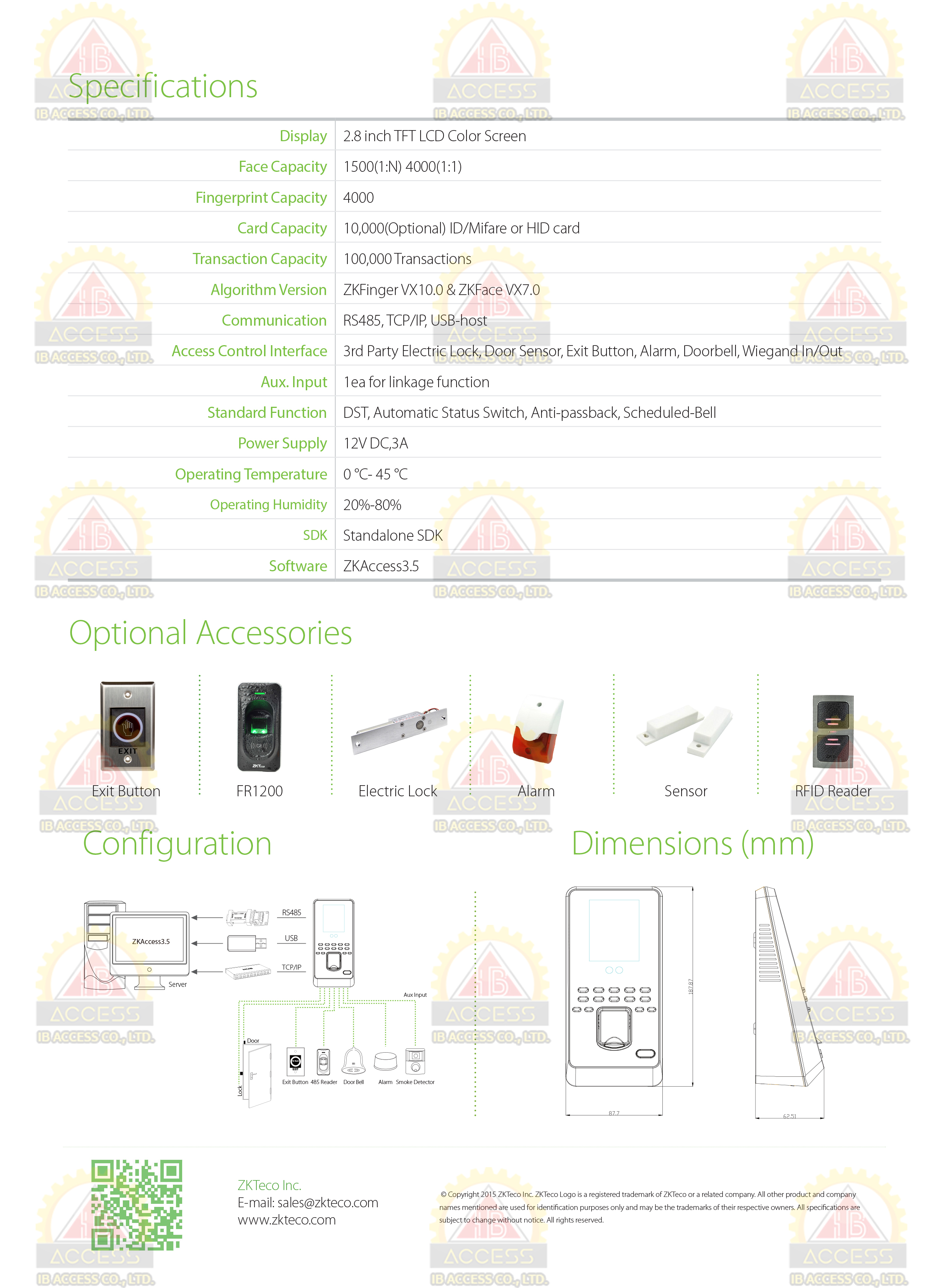 เครื่องสแกนใบหน้า ยี่ห้อ ZKTeco รุ่น Multibio800-H รองรับระบบ Access Control
