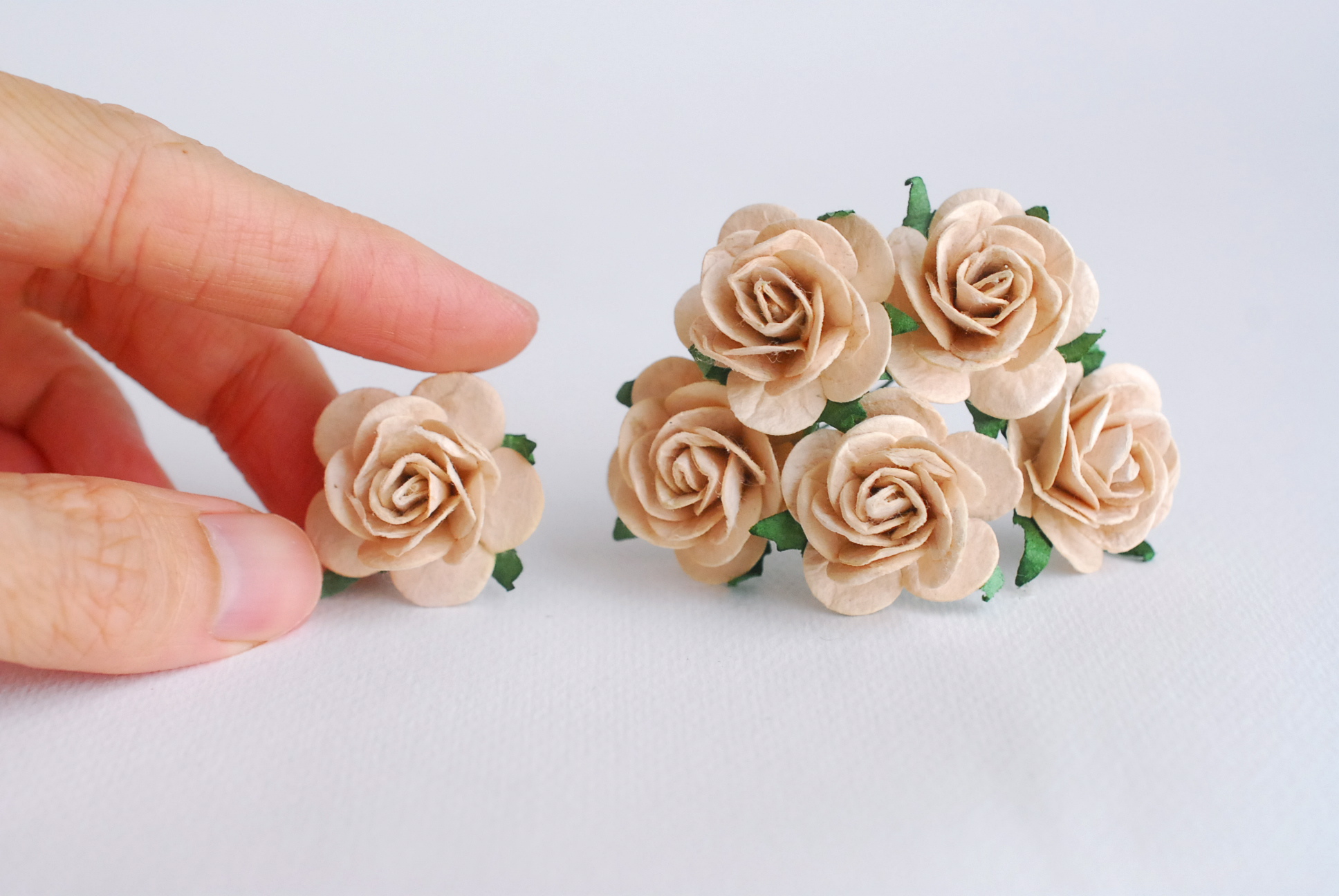 ดอกไม้กระดาษ ดอกไม้กระดาษสา ราคาส่ง,ดอกไม้กุหลาบกระดาษ ดอกกุหลาบกระดาษสา ดอกไม้ประดิษฐ์ สำหรับตกแต่ง หรืองานแต่งงาน สีน้ำตาลอ่อน (สีเบจ) ขนาด 2.5 cm. จำนวน 50 ดอก