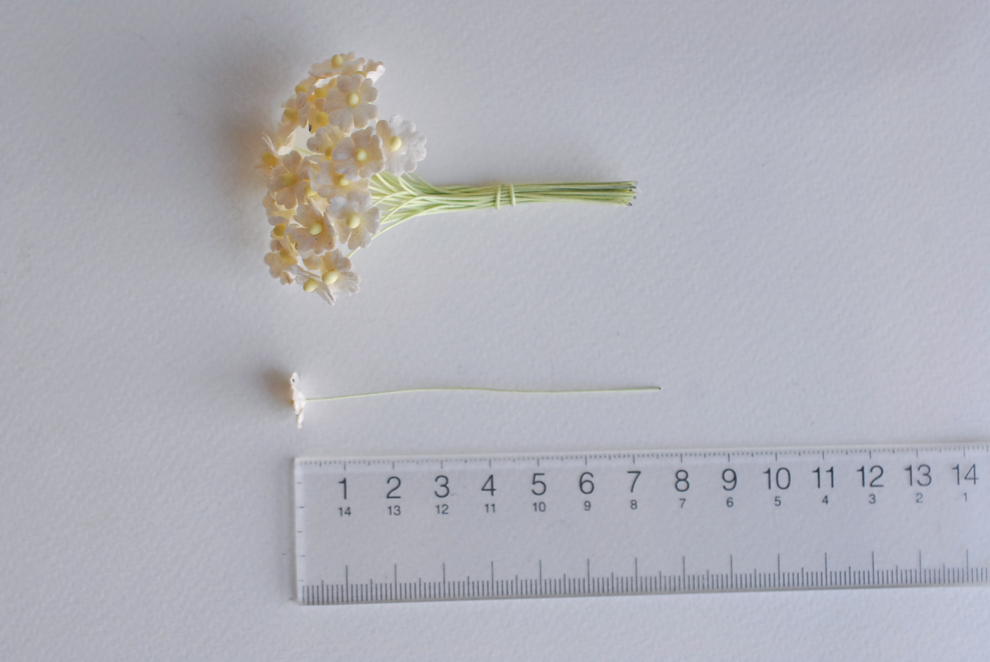 ดอกไม้กระดาษสา ดอกไม้กระดาษสาราคาส่ง ดอกไม้กระดาษสำหรับตกแต่ง งานแต่งงาน หรือติดของชำร่วย ดอกไม้จิ๋ว 100 ดอก ขนาด 1 cm. สีขาว of-white Small Paper Flower with stem, , 100 pcs., size 1 cm., small creeping ladies flowers 1 layer, of-white color.