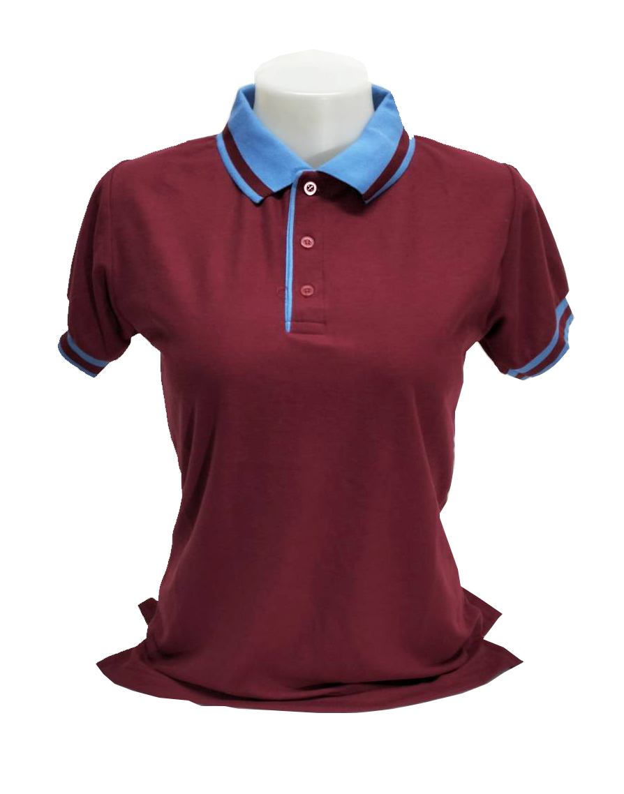 เสื้อโปโลสีเลือดหมู TC แขนจั๊ม ปกสีฟ้าคราม