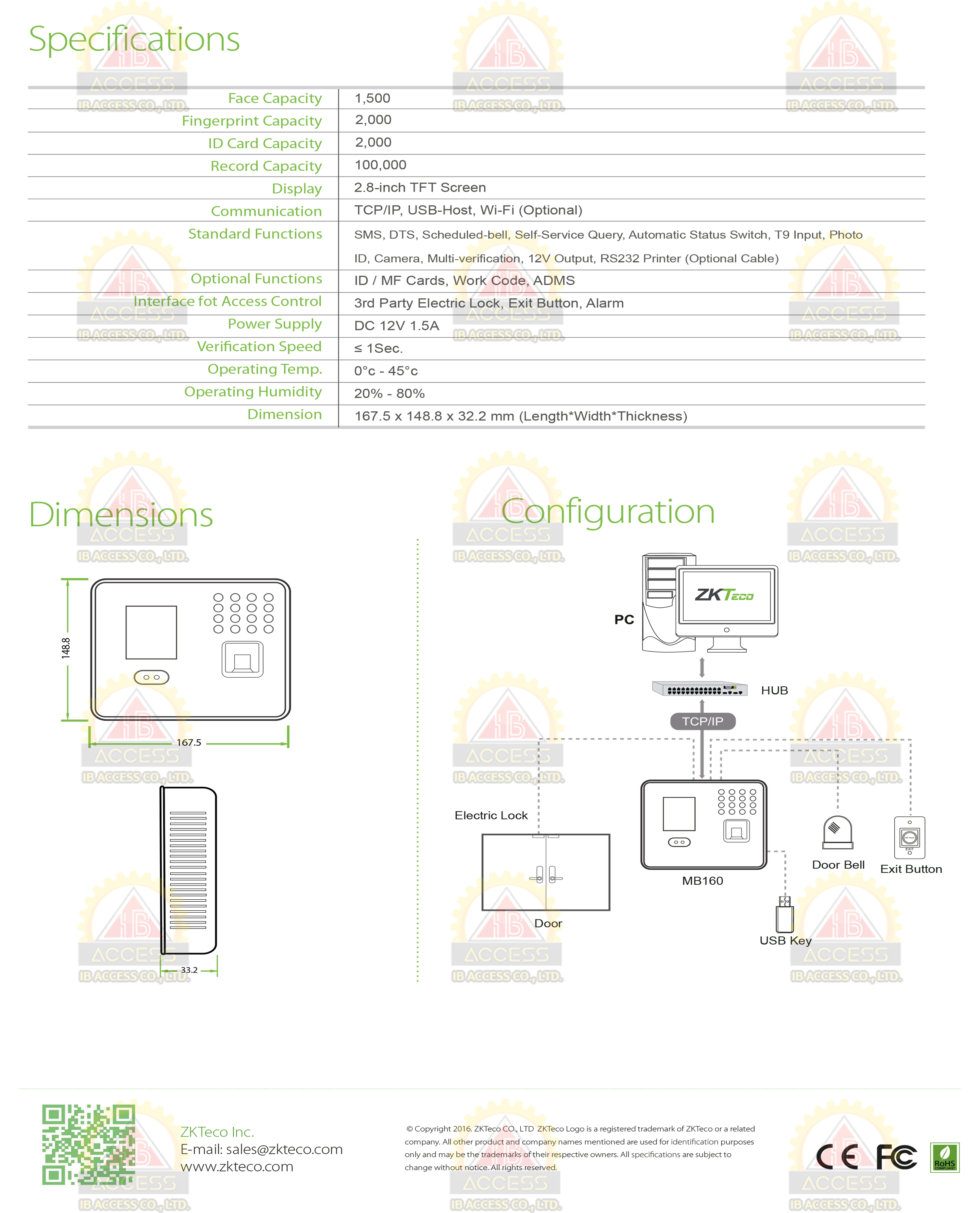 เครื่องสแกนใบหน้า ยี่ห้อ ZKTeco รุ่น MB160 รองรับระบบ Access Control
