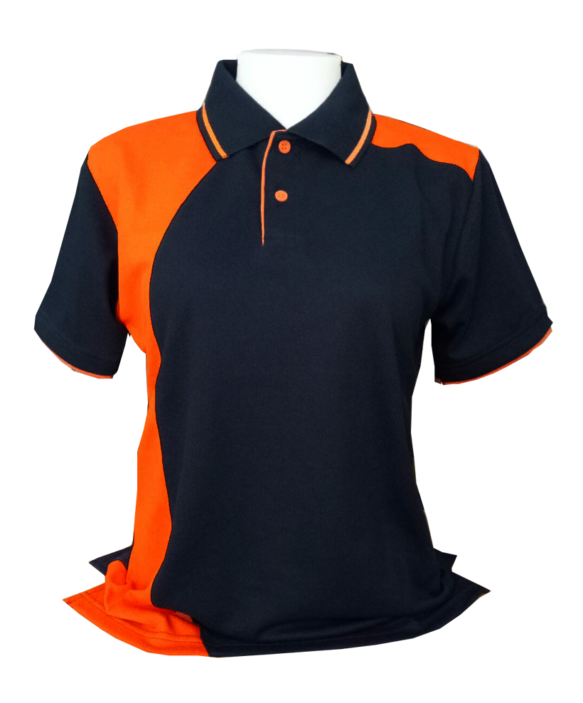 เสื้อโปโลสีดำ แต่งแบบด้วยสีส้ม แขนเบิ้ล สวยใส่สบาย