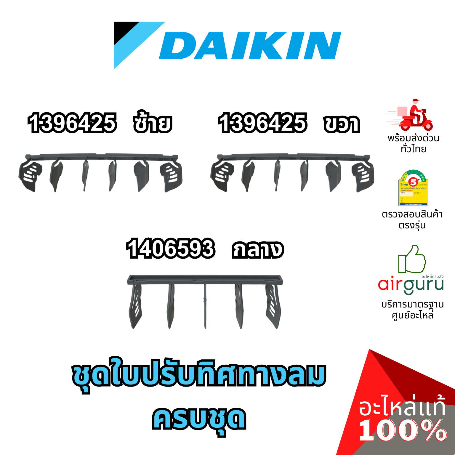 Daikin รหัส 1406593 (1) + 1396425 (2) ชุดใบสวิง ครีบสวิง ใบปรับทิศทางลม แอร์ไดกิ้น 3 ชิ้น (กลาง+ซ้าย+ขวา) อะไหล่แอร์ ไดกิ้น ของแท้