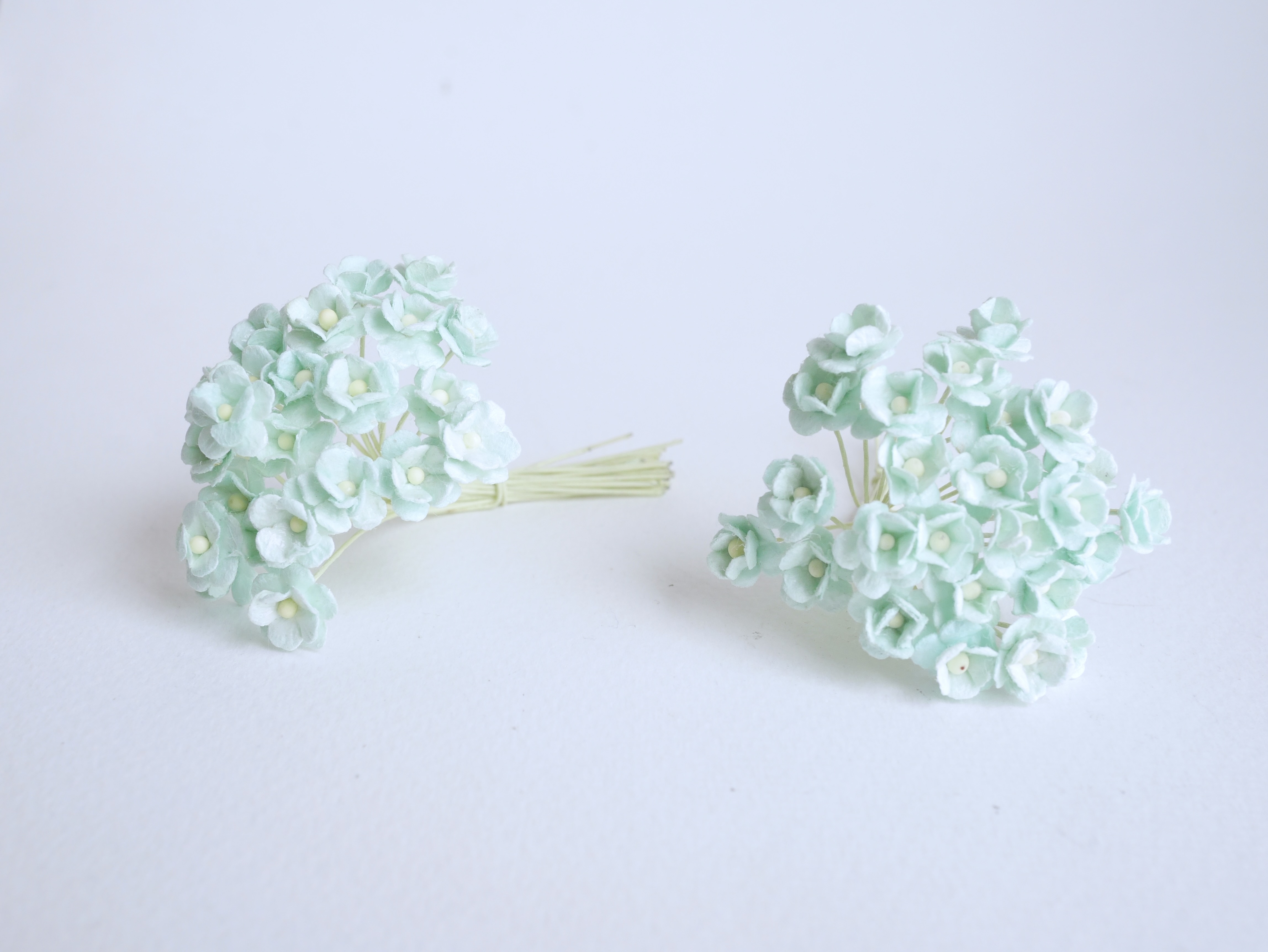 ดอกไม้กระดาษสา ดอกไม้กระดาษสาราคาส่ง ดอกไม้กระดาษสำหรับตกแต่ง งานแต่งงาน หรือติดของชำร่วย ดอก creeping lady 100 ดอก ขนาด 0.8 cm. สีมิ้นท์ Small Paper Flower with stem, , 100 pcs., size 0.8 cm., small flowers 2 layers, pastel mint color.