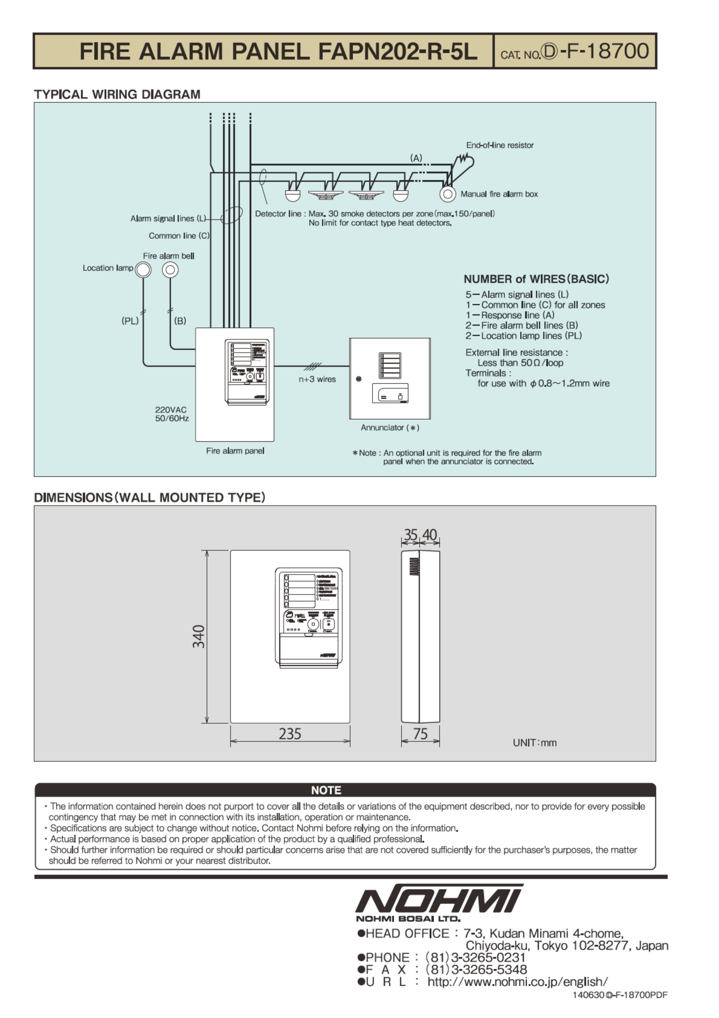 "NOHMI" Model FAPN202-R-5L Fire Alarm Control Panel ,Wall Type