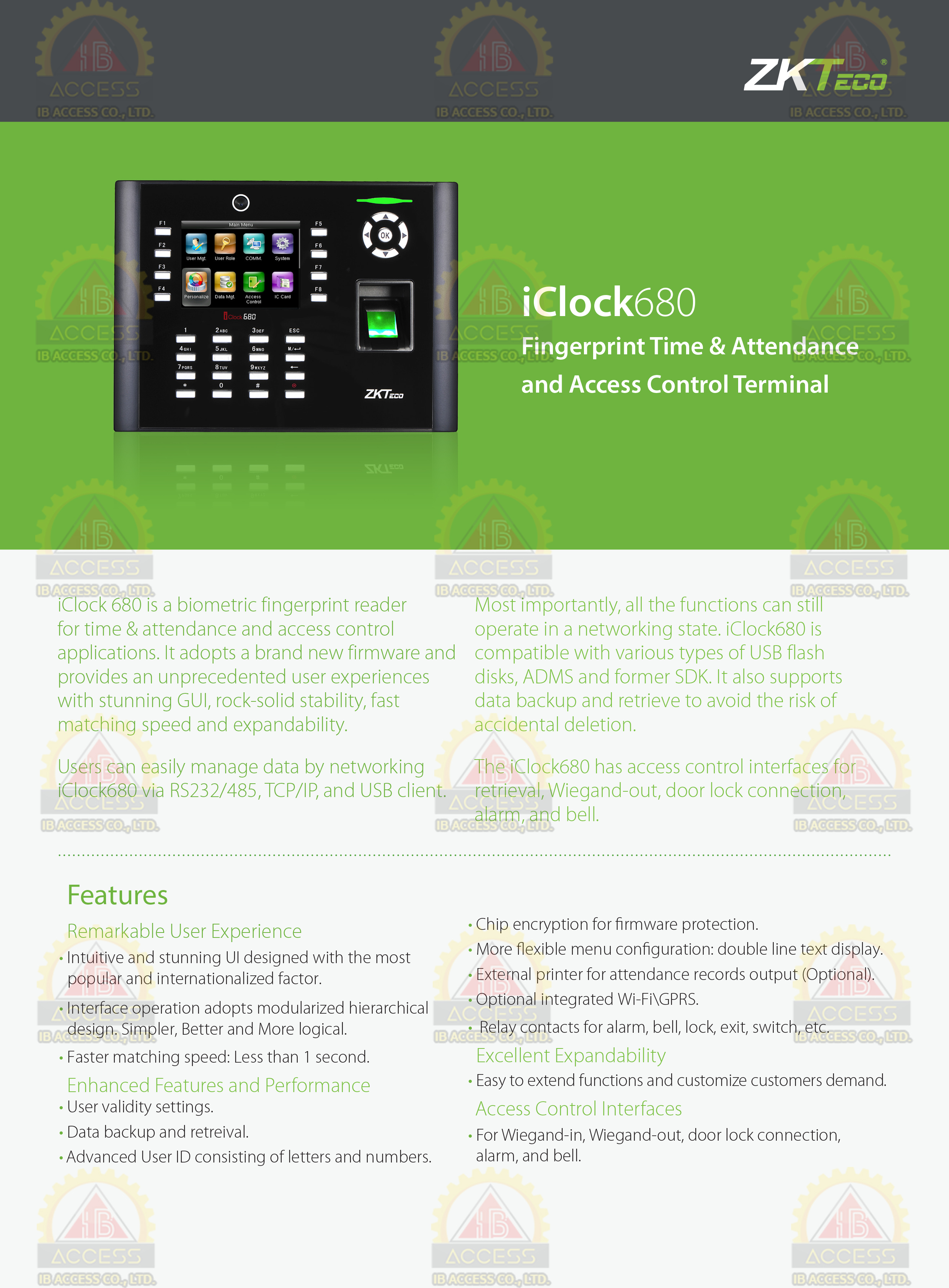 เครื่องสแกนลายนิ้วมือ ยี่ห้อ ZKTeco รุ่น IClock680 รองรับระบบ Access Control