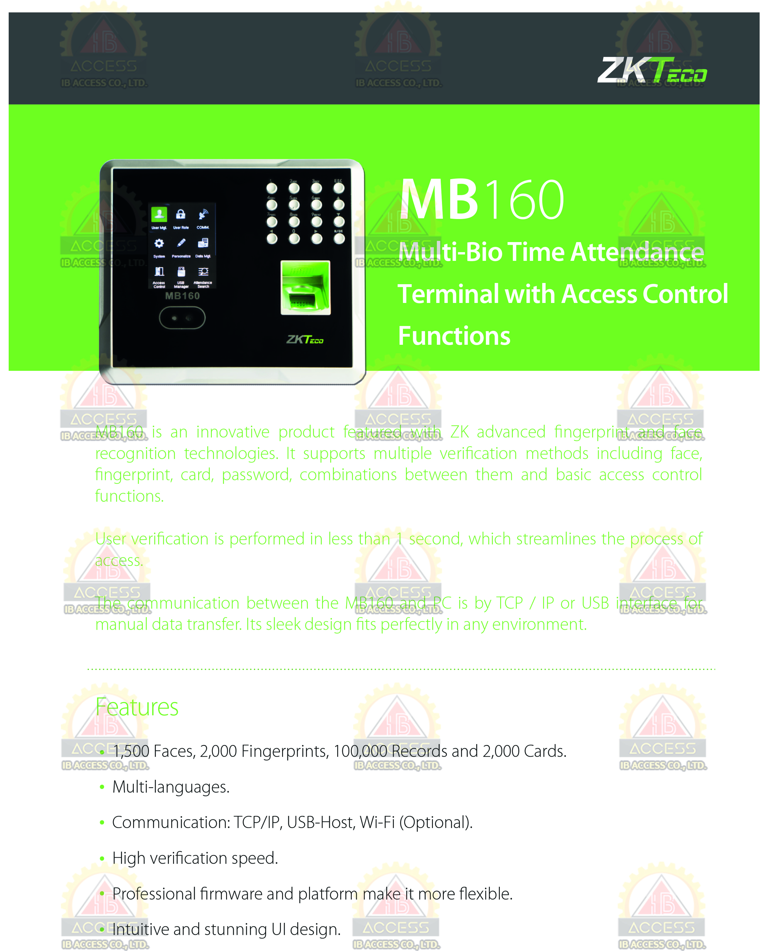เครื่องสแกนใบหน้า ยี่ห้อ ZKTeco รุ่น MB160 รองรับระบบ Access Control