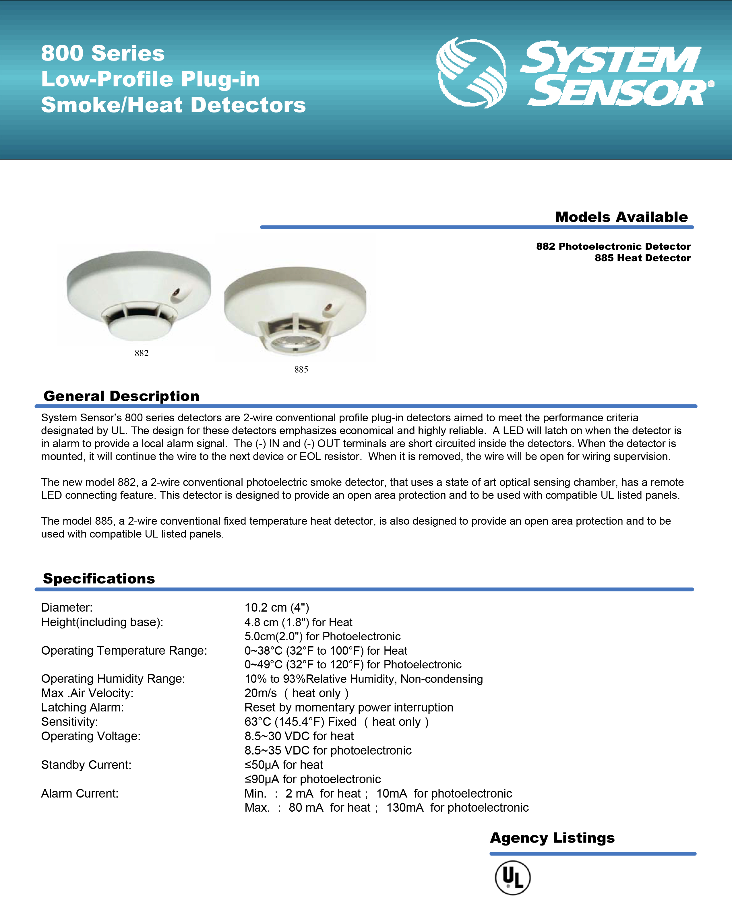 เครื่องตรวจจับควัน (Conventional Photoelectronic Smoke Detector) รุ่น 882 ยี่ห้อ SYSTEM SENSOR มาตรฐาน UL.Listed