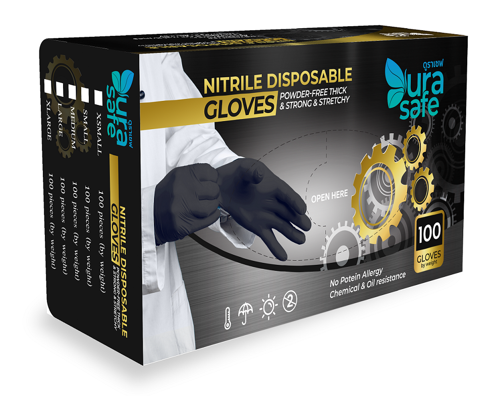 [ยกลัง 10 กล่อง] BLK50 ถุงมือไนไตรสีดำ ไม่มีแป้ง พรีเมี่ยม ยาว 9 นิ้ว หนา 4 มิล หนัก 5-6 กรัม (100ชิ้น/กล่อง) แบรนด์ ดูราเซฟ