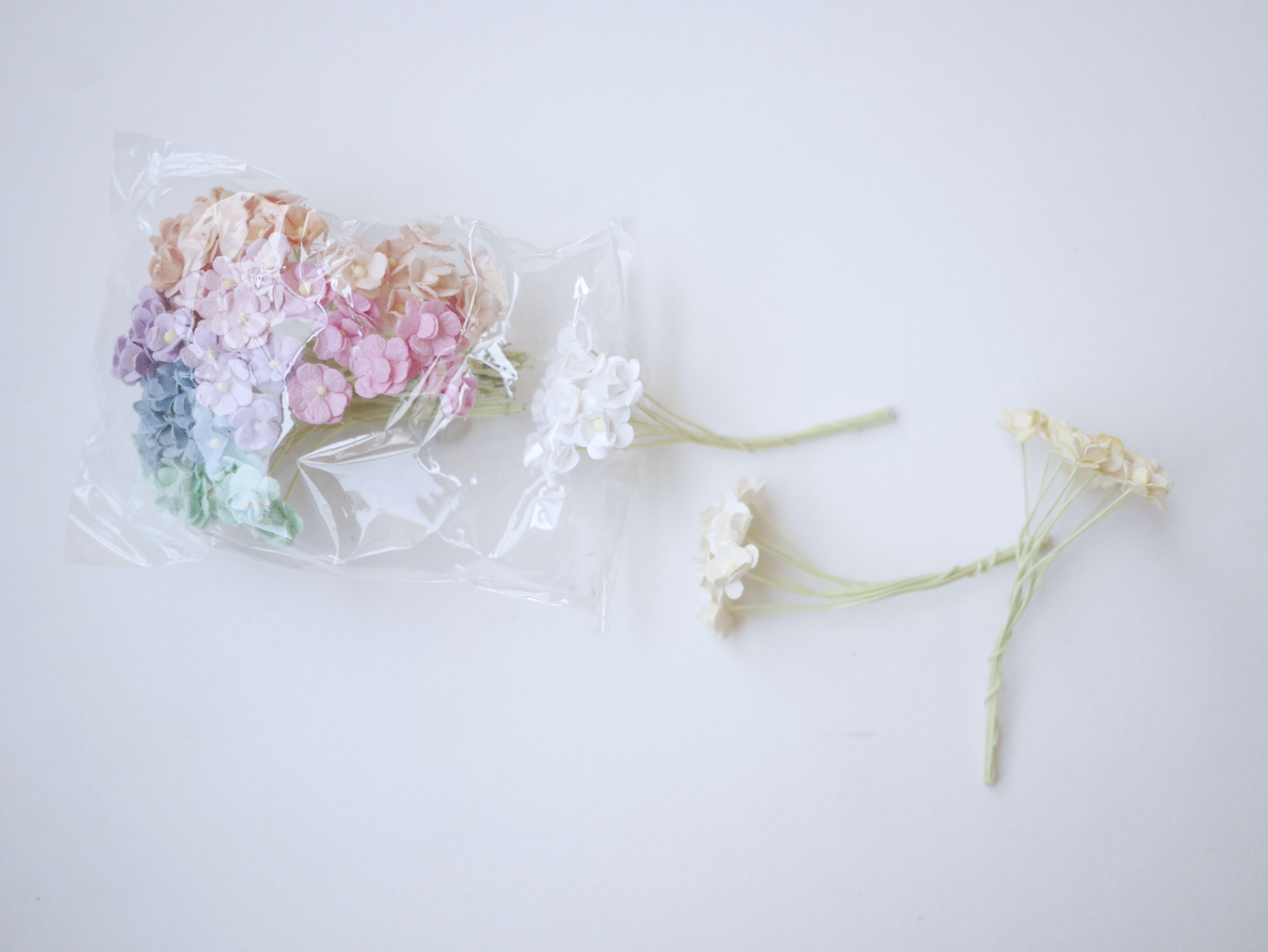 ดอกไม้กระดาษสา ดอกไม้กระดาษสาราคาส่ง ดอกไม้กระดาษสำหรับตกแต่ง งานแต่งงาน หรือติดของชำร่วย ดอก creeping lady 100 ดอก ขนาด 0.8 cm. คละสีพาสเทล Small Paper Flower with stem, , 100 pcs., size 0.8 cm., creeping flowers 2 layers, pastel mixed rainbow color.