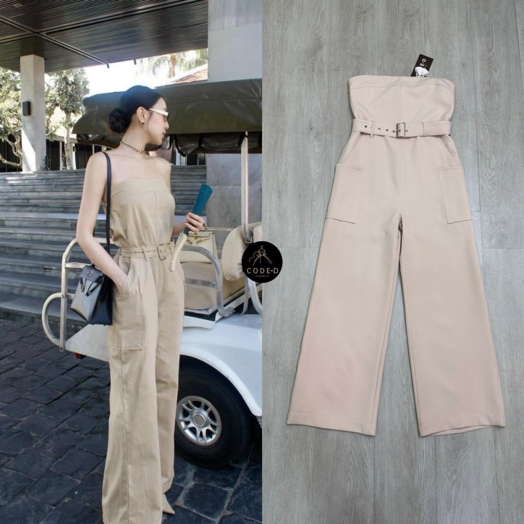 (ป้าย CODE-D) จั้มสูทขายาวสีครีมดีไซน์เกาะอก ทรงตรง
