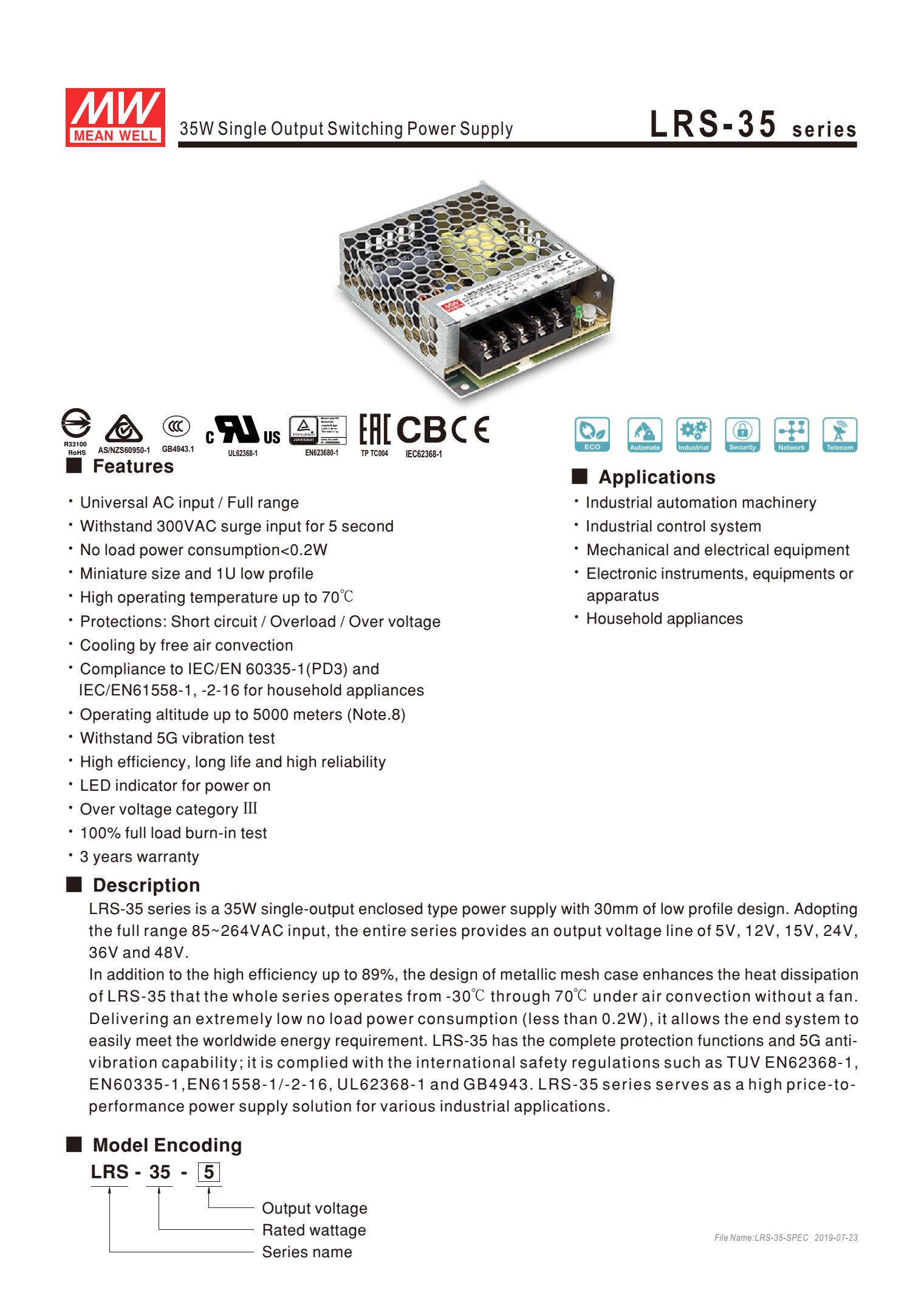 “Mean well” LRS-50. Enclosed- Enclosed Switching Power Supply