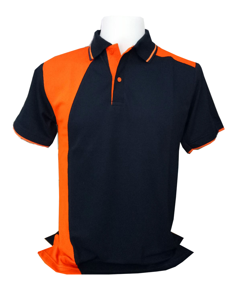 เสื้อโปโลสีดำ แต่งแบบด้วยสีส้ม แขนเบิ้ล สวยใส่สบาย