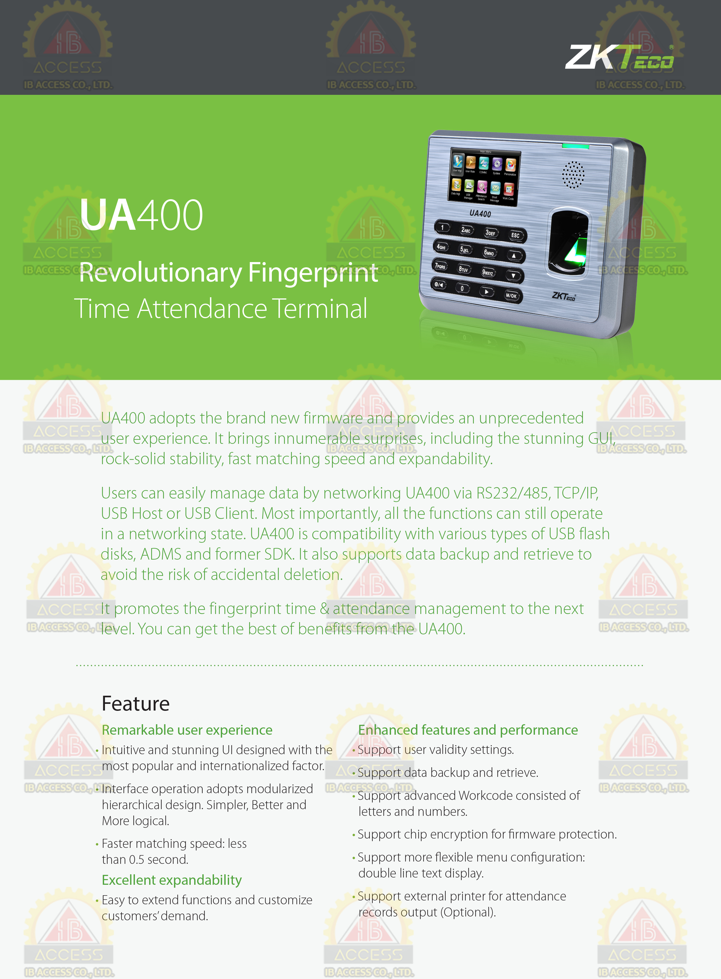 เครื่องสแกนลายนิ้วมือ ยี่ห้อ ZKTeco รุ่น UA400