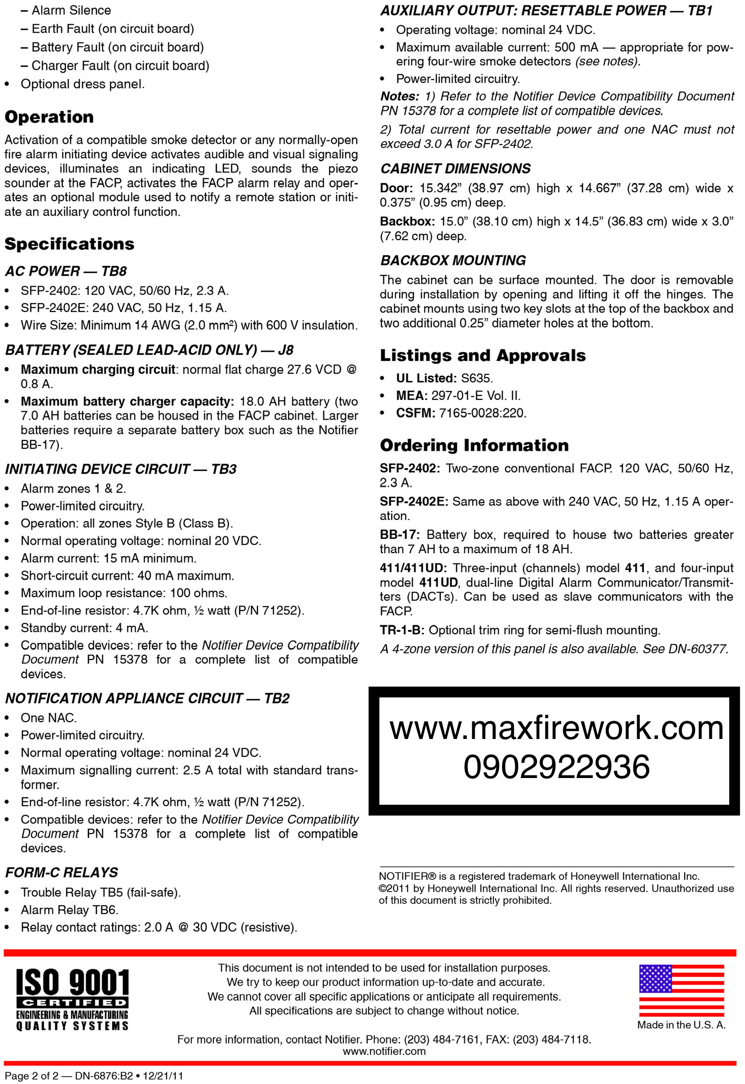 Fire Alarm Control Panels 2 Zone รุ่น SFP-2402 ยี่ห้อ Notifier มาตรฐาน UL