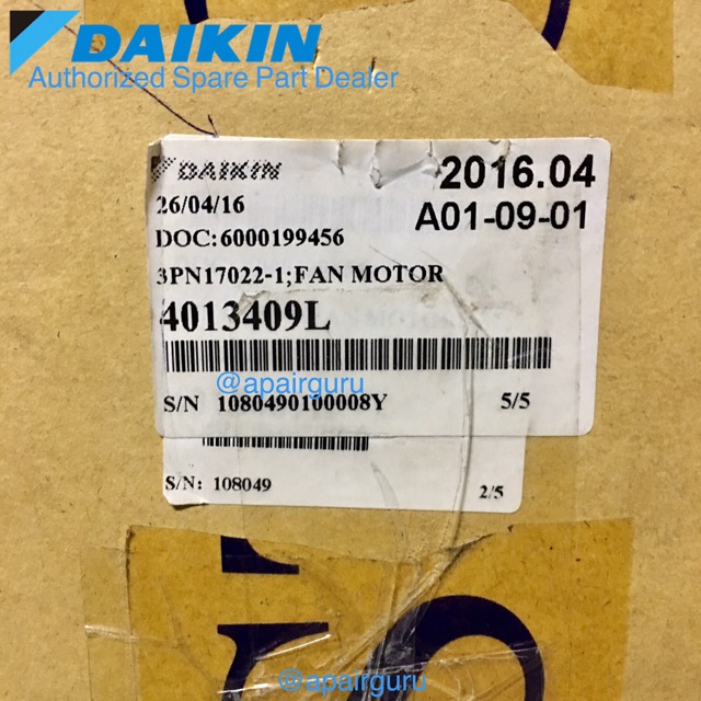 มอเตอร์คอยล์เย็น Daikin รหัส 4013409 (L) ** FAN MOTOR มอเตอร์พัดลม คอยล์เย็น อะไหล่แอร์ ไดกิ้น ของแท้